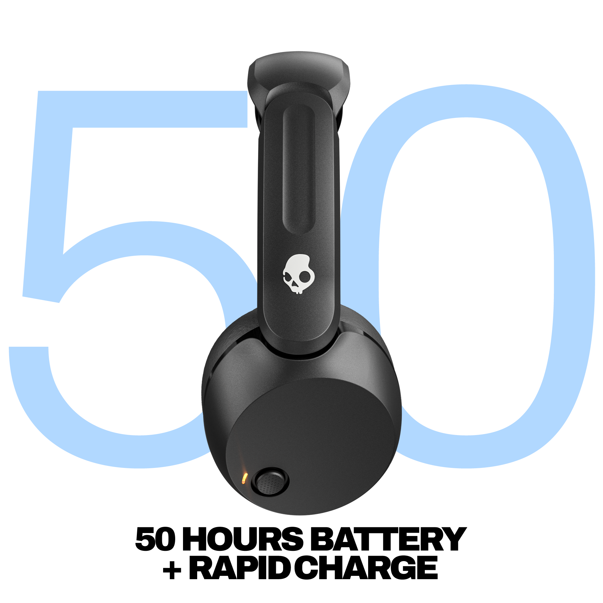 Schwarze Kopfhörer mit Skullcandy-Logo, vor großen blauen Zahlen 50.