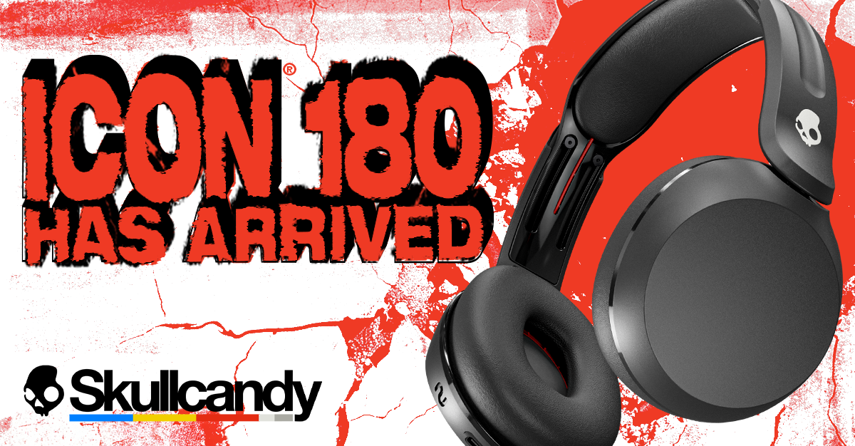 Schwarze Skullcandy Kopfhörer auf rot-weißem Hintergrund mit Text.