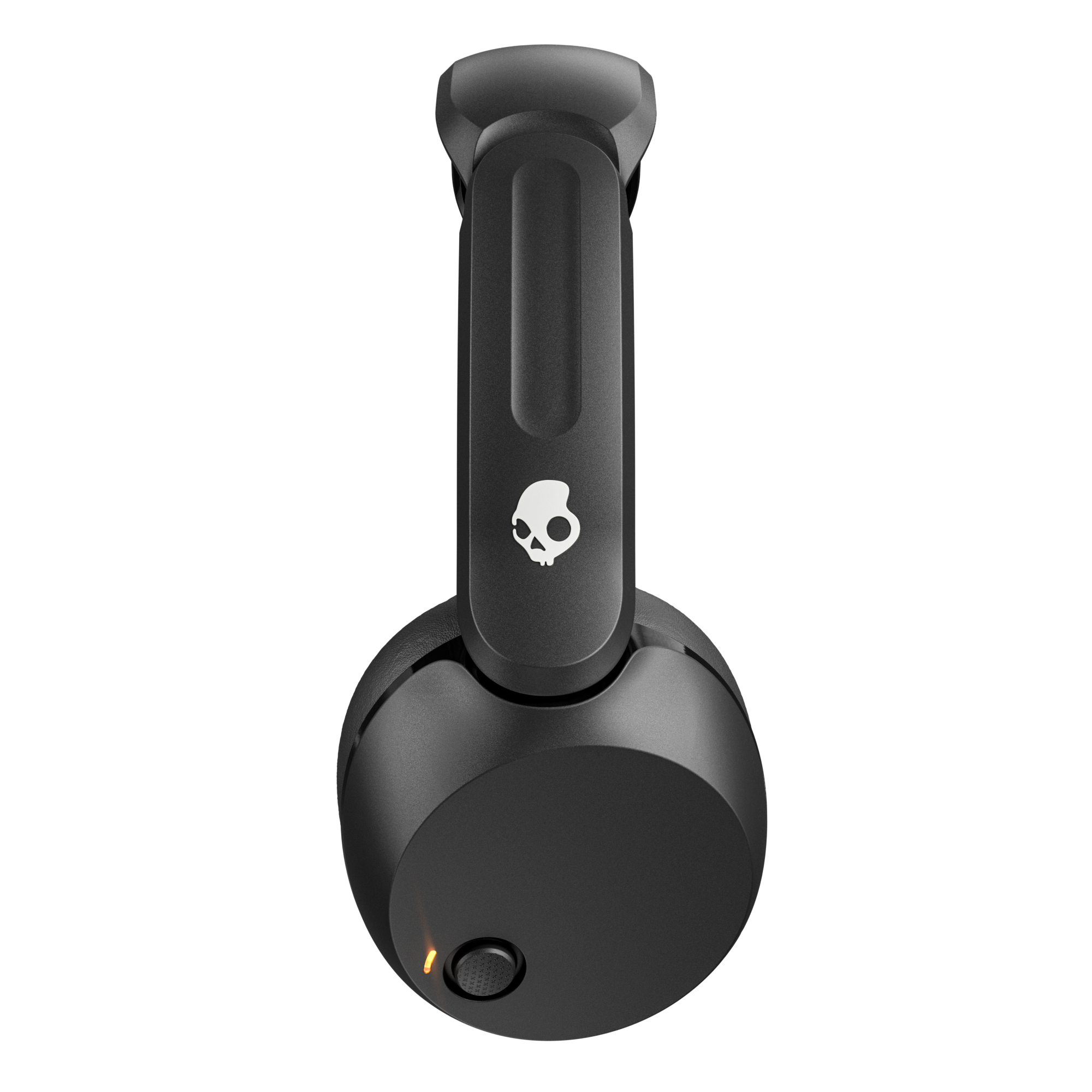 Schwarzer Kopfhörer mit Skull-Logo und leuchtender orangefarbener Anzeige.