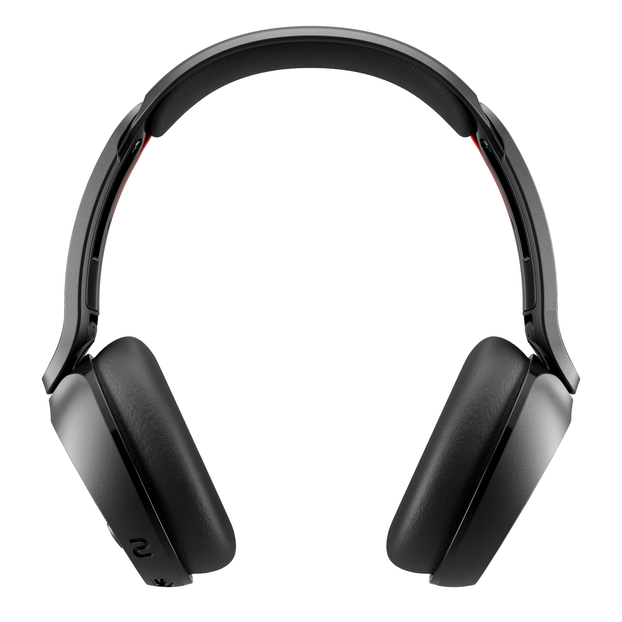 Schwarze Over-Ear-Kopfhörer mit roten Akzenten am Kopfbügel. Detailreiche Textur an den Ohrmuscheln.