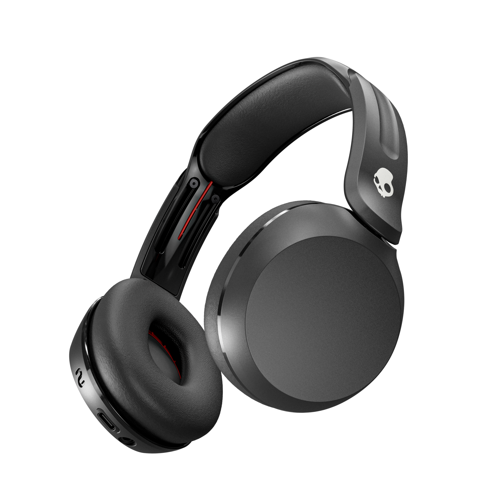 Schwarze Skullcandy Kopfhörer mit roten Akzenten und einem Totenkopf-Logo.