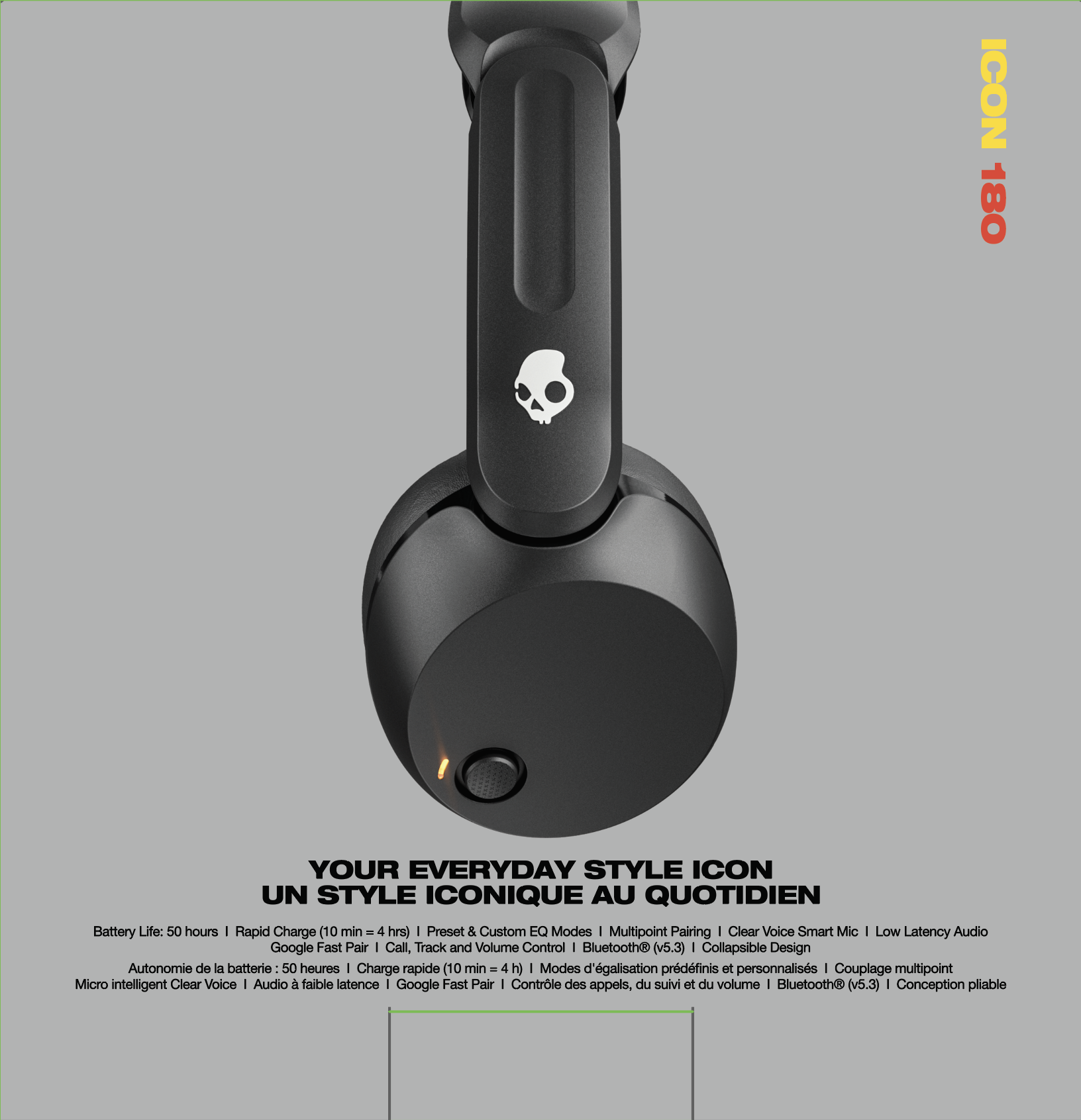 Schwarzer Skullcandy Kopfhörer mit Skull-Logo und gelbem Licht. Text beschreibt Funktionen.