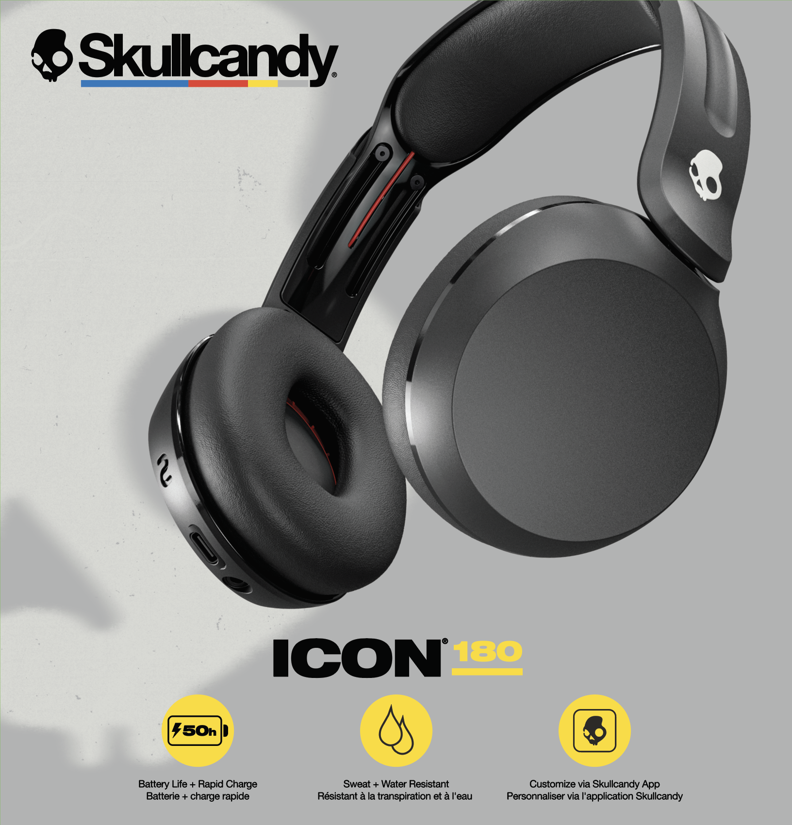 Schwarze Skullcandy-Kopfhörer mit 50h Akkulaufzeit, Wasserbeständigkeit und App-Anpassung.