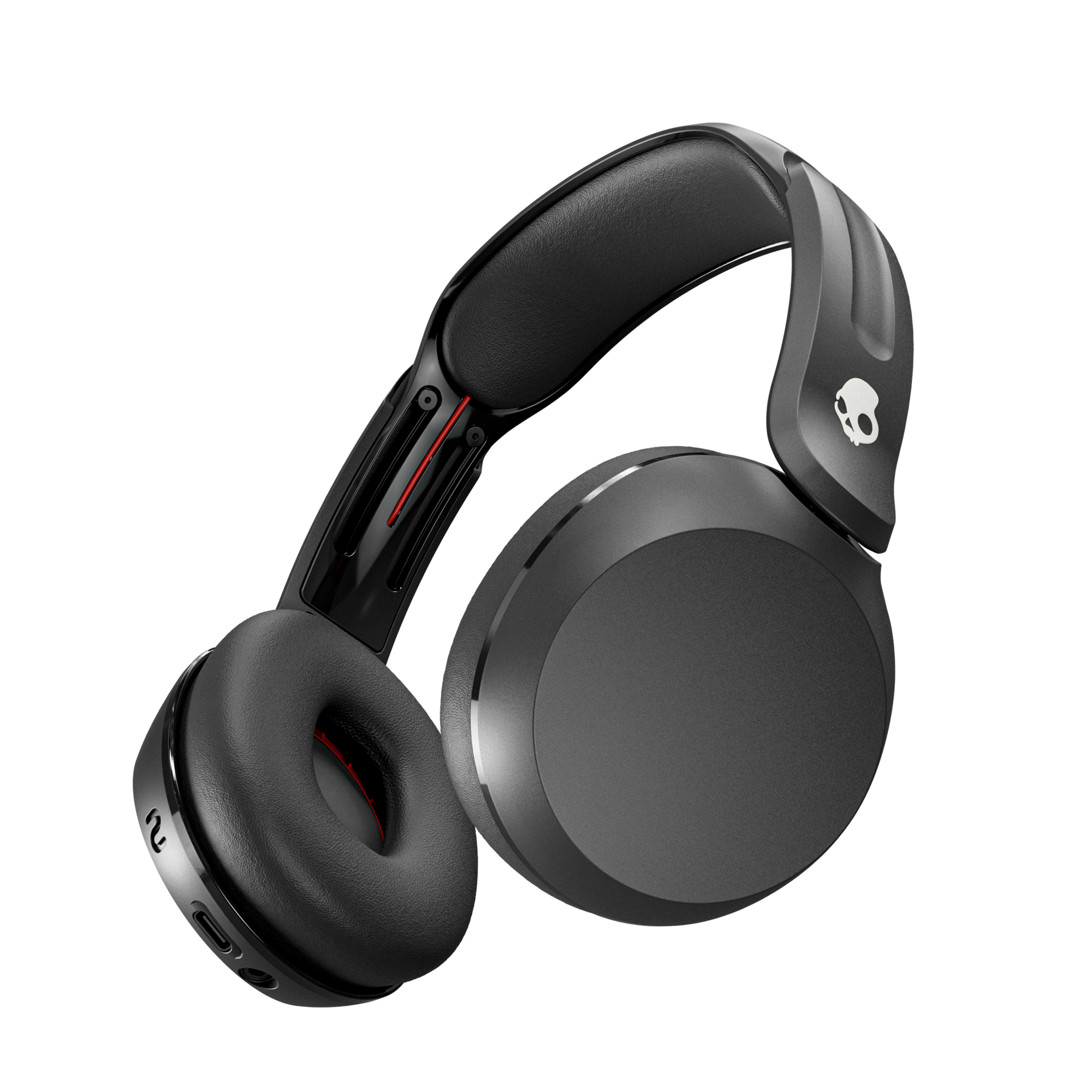 Schwarze Over-Ear-Kopfhörer mit roten Akzenten und einem Totenkopf-Logo an der Seite.