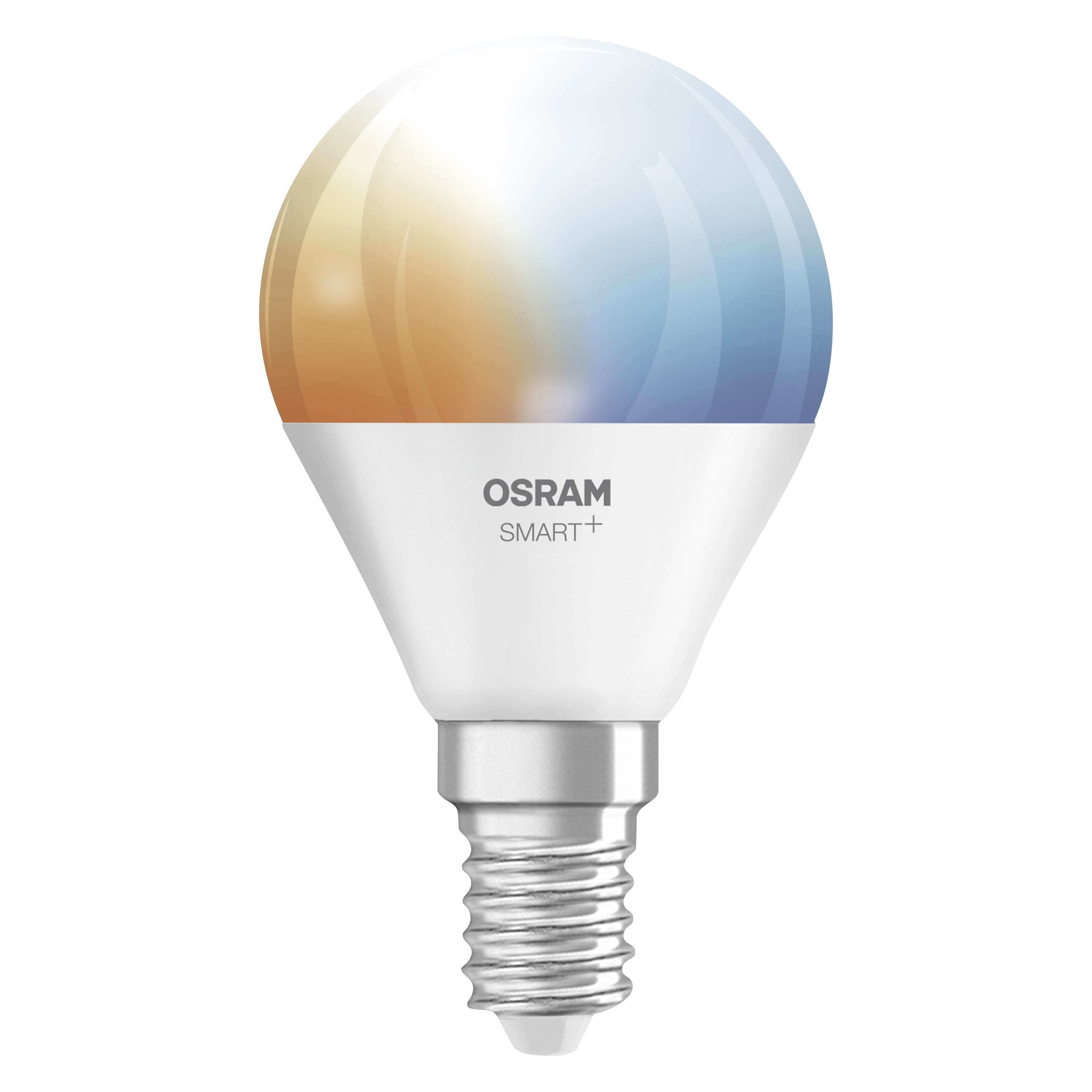 Egy fehér Osram SMART+ villanykörte ezüst foglalattal, narancstól kékig tartó színátmenettel.