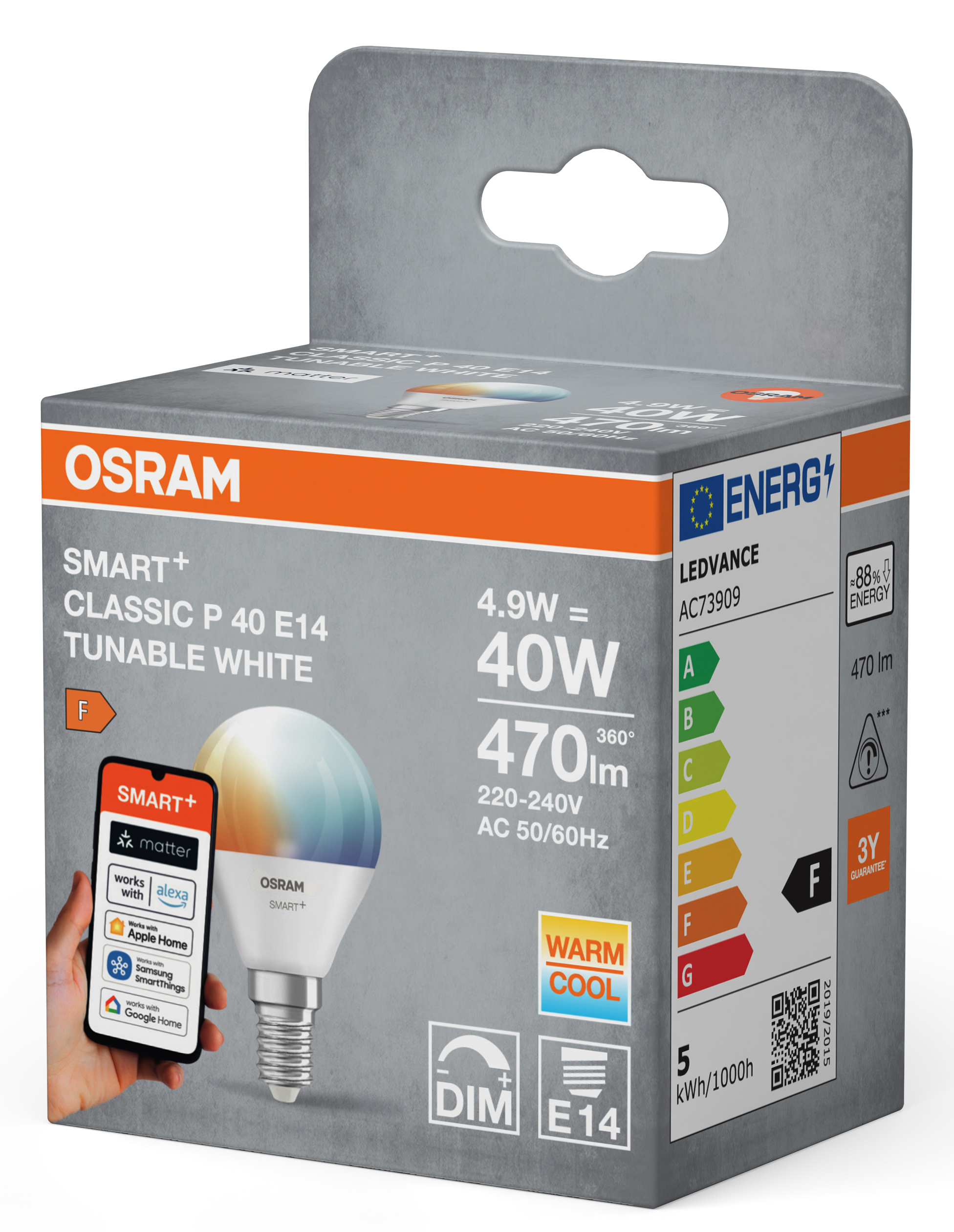 OSRAM SMART+ izzó csomagolása energiaosztály címkével, okosotthon logókkal, izzó képpel.