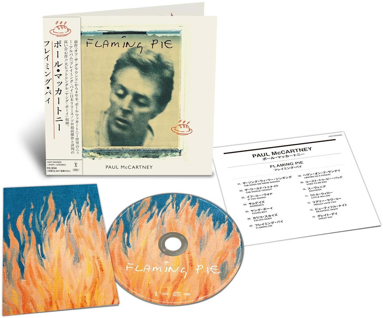 Paul McCartney "Flaming Pie" albuma CD-vel, borítóval és számlistával.