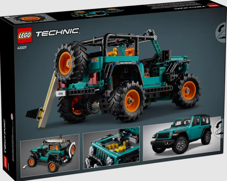 LEGO Technic Jeep Wrangler in Türkis mit orangen Rädern, von hinten und Seite.