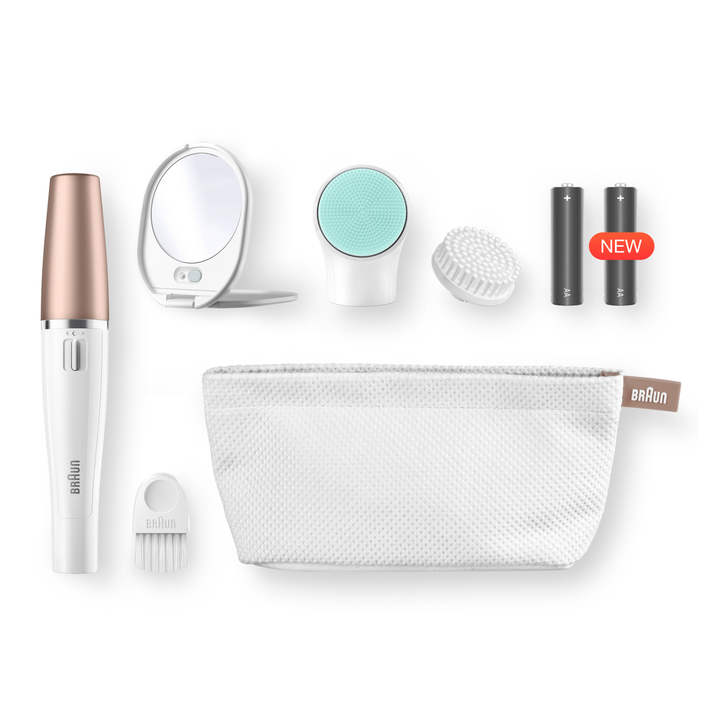Braun Beauty-Set: Gesichtsreinigungsbürste, Spiegel, Kappe, Batterien und Tasche.