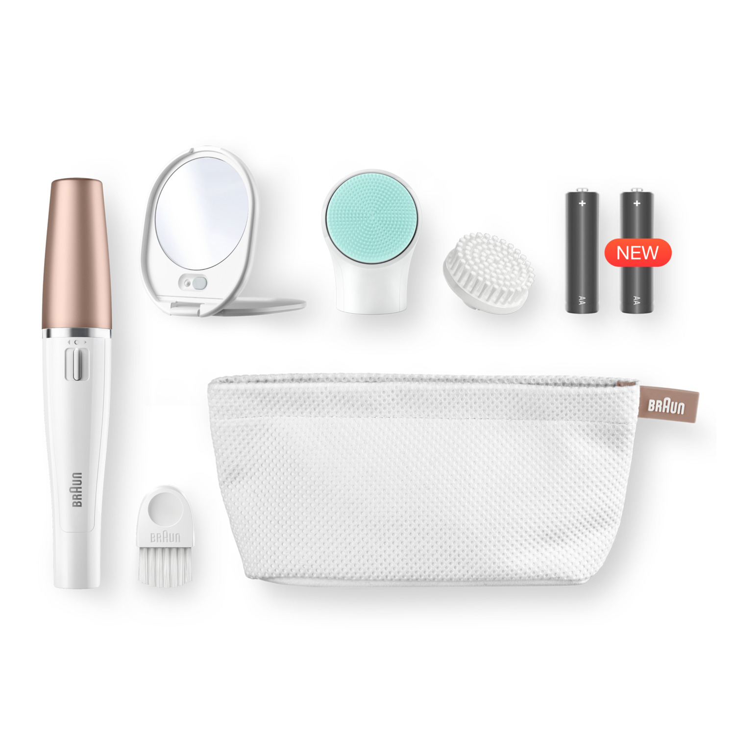 Braun-Gesichtsreinigungsset mit Spiegel, Bürstenköpfen, Beutel und Batterien.