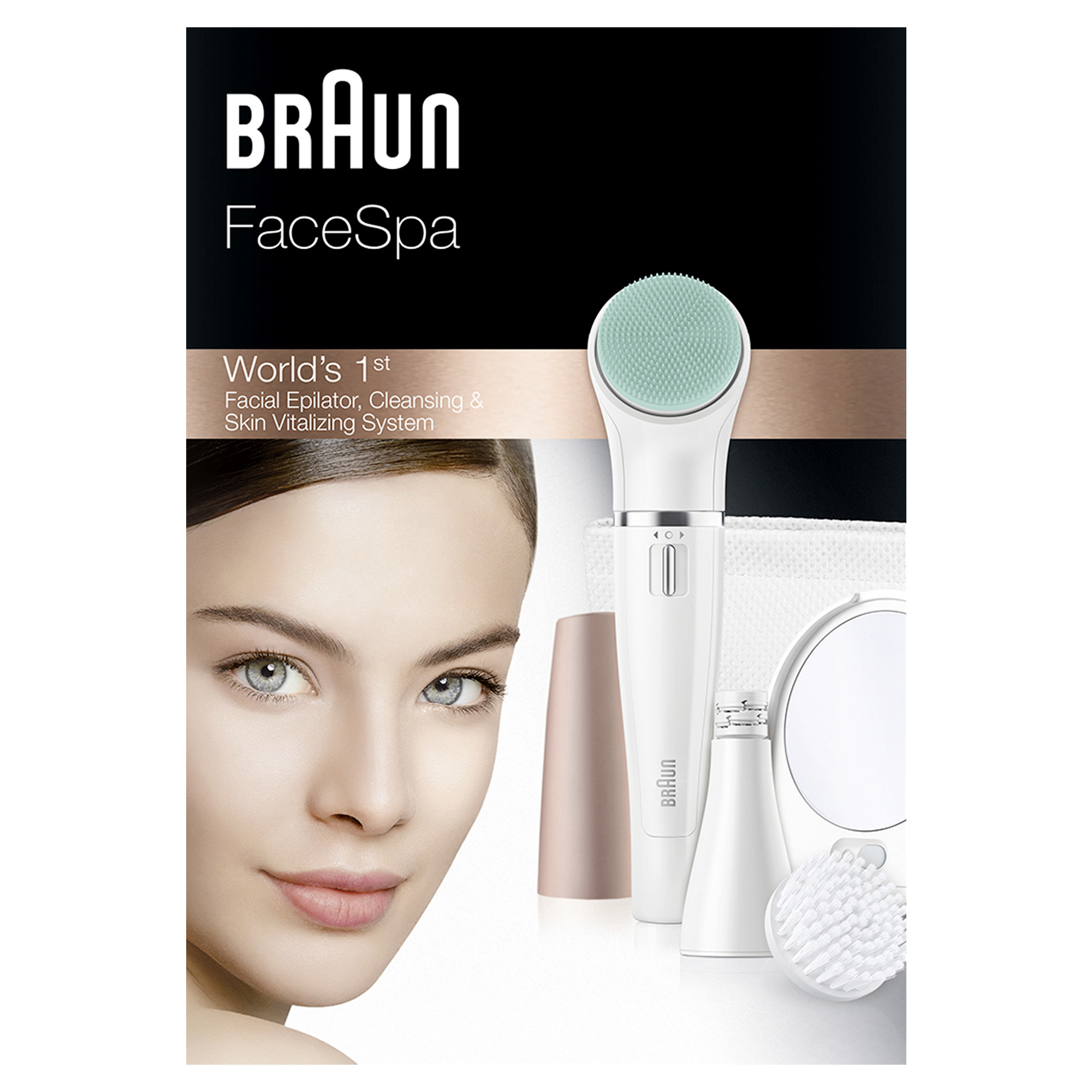 Braun FaceSpa: Damengesicht, Epilierer, Reinigungsbürste, Spiegel und Handtuch.