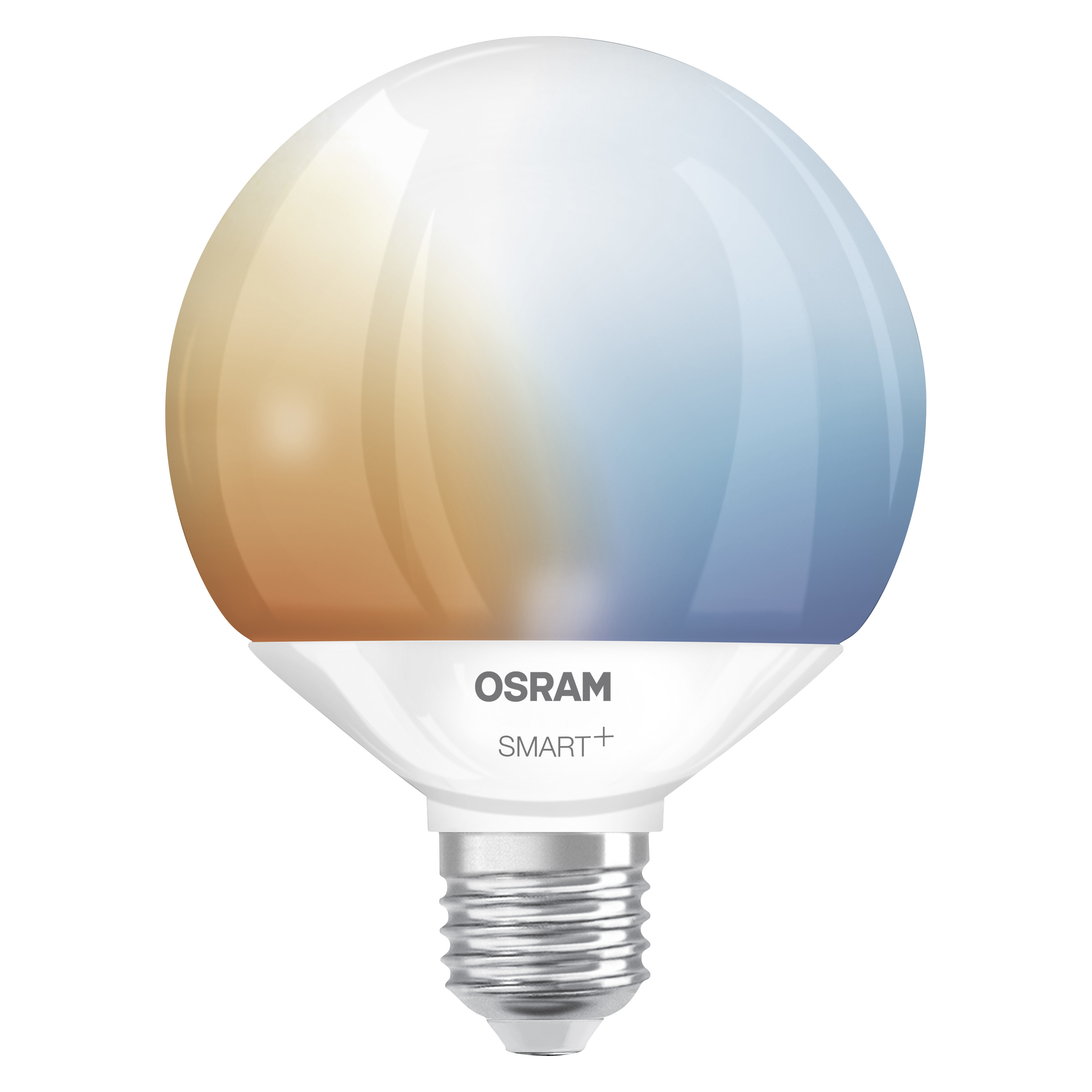 Egy Osram Smart+ izzó kék-sárga színátmenettel és E27 foglalattal.