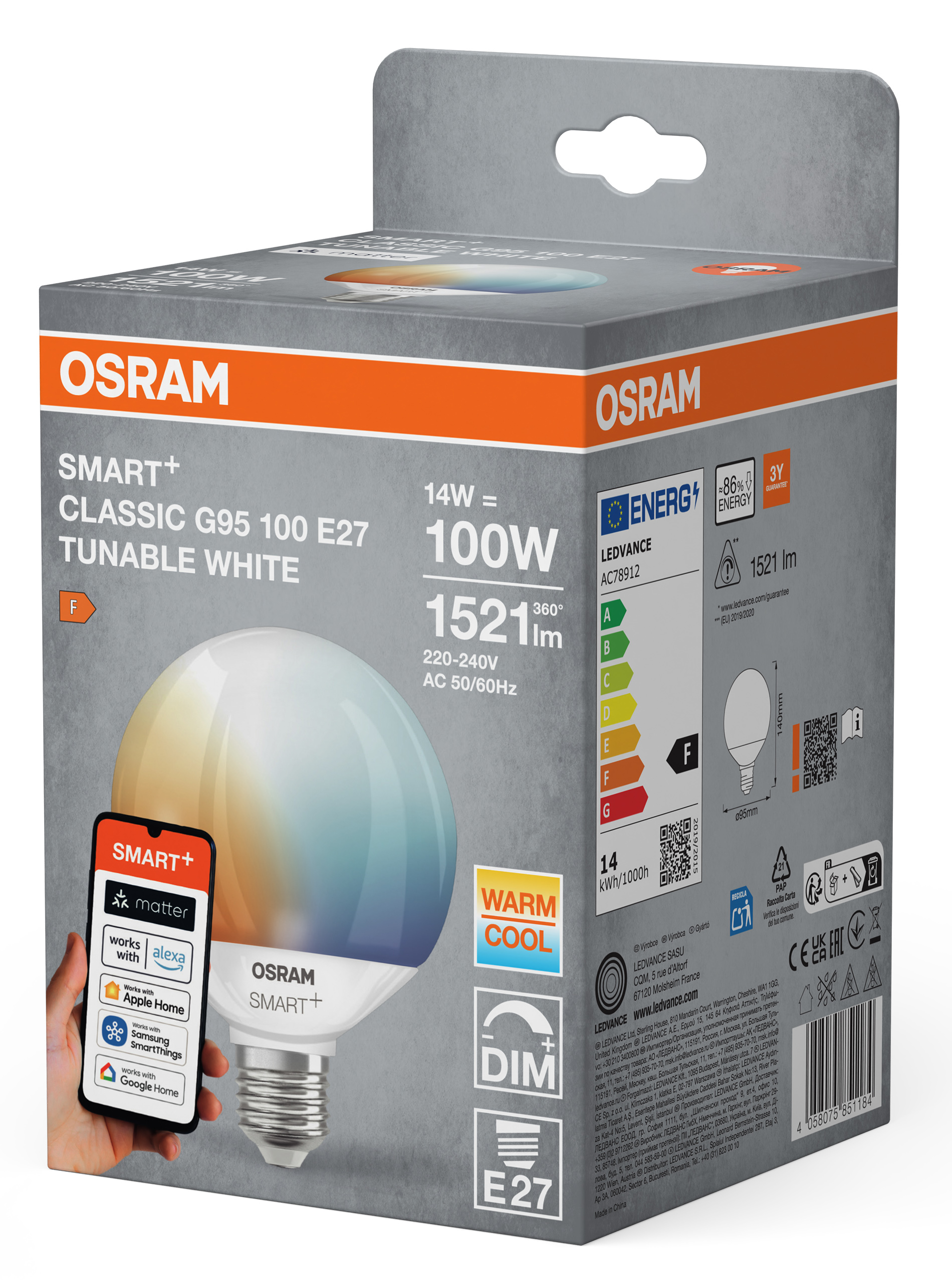 Osram Smart+ izzó csomagolás energiaosztály címkével és izzó ábrával.