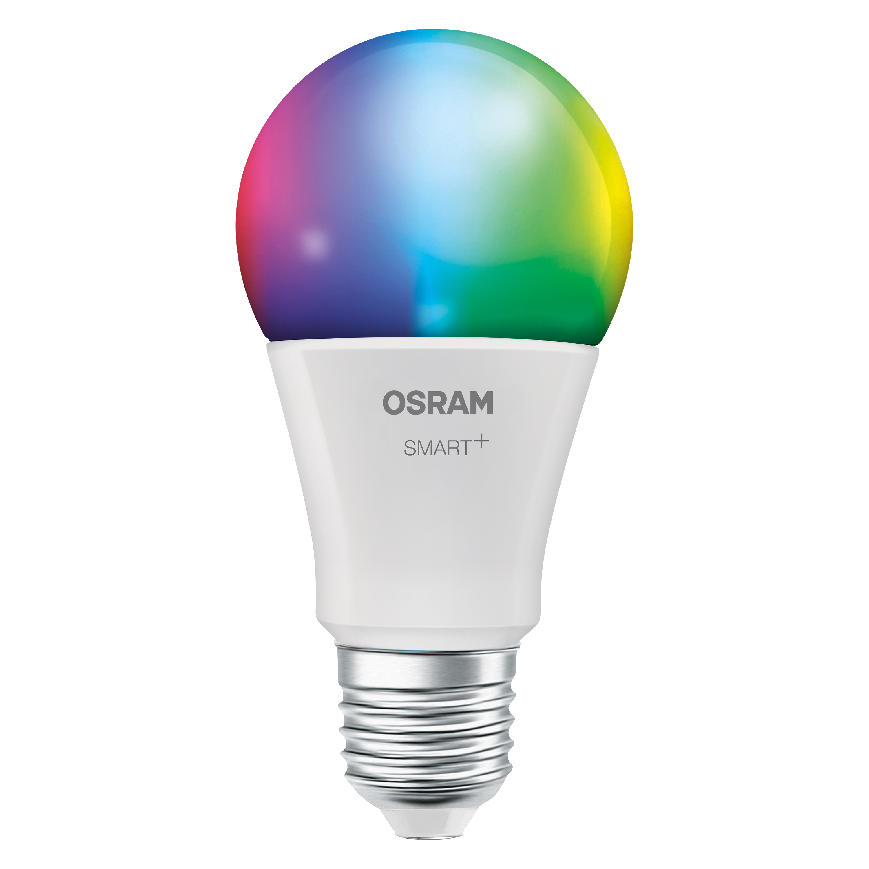 Egy fehér OSRAM SMART+ LED izzó, többszínűen világító felső résszel.