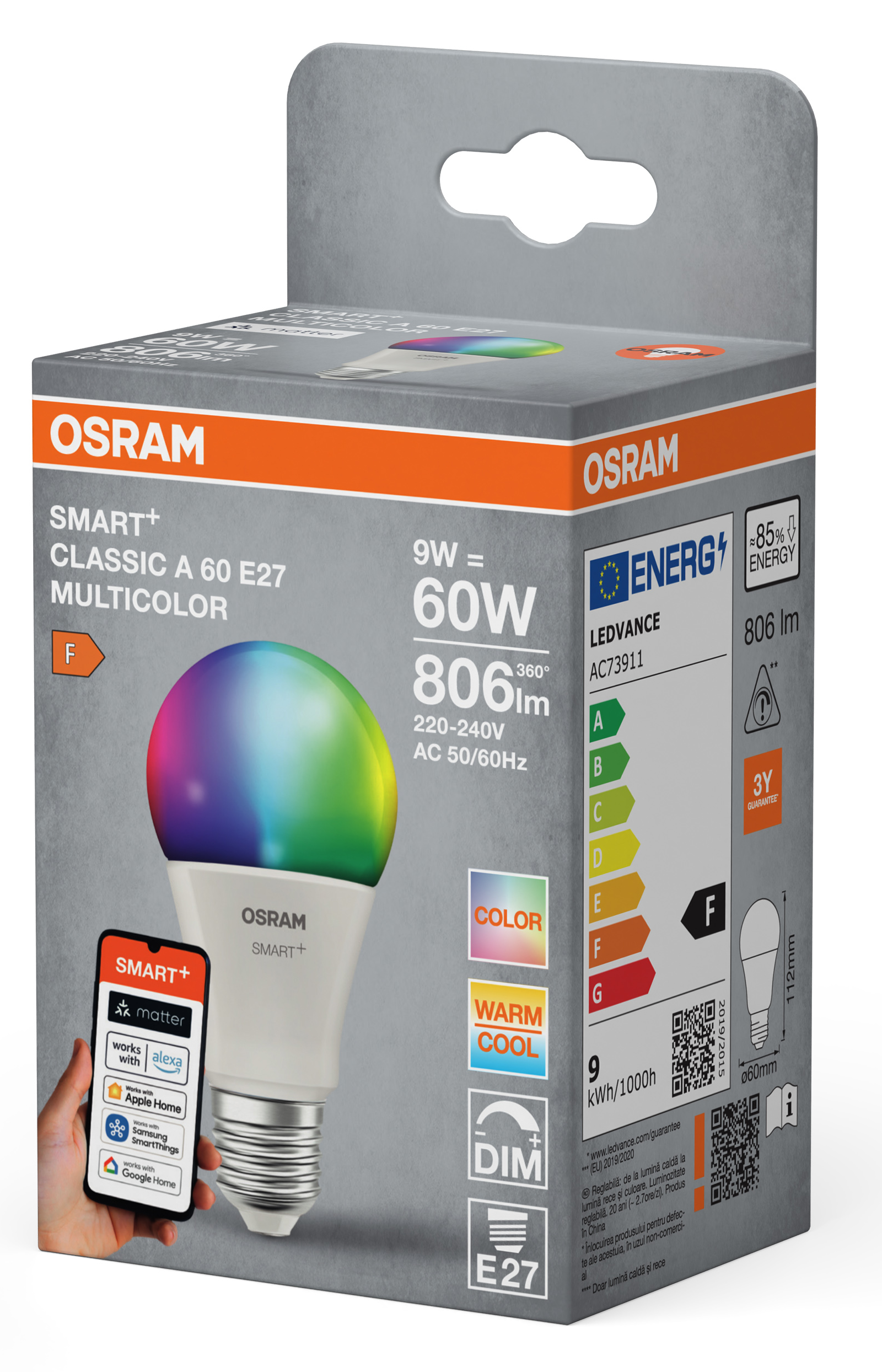 OSRAM SMART+ színes A60 E27 izzó csomagolása. Mutatja az izzó specifikációit, 'F' energiaosztályát és okosotthon kompatibilitását.