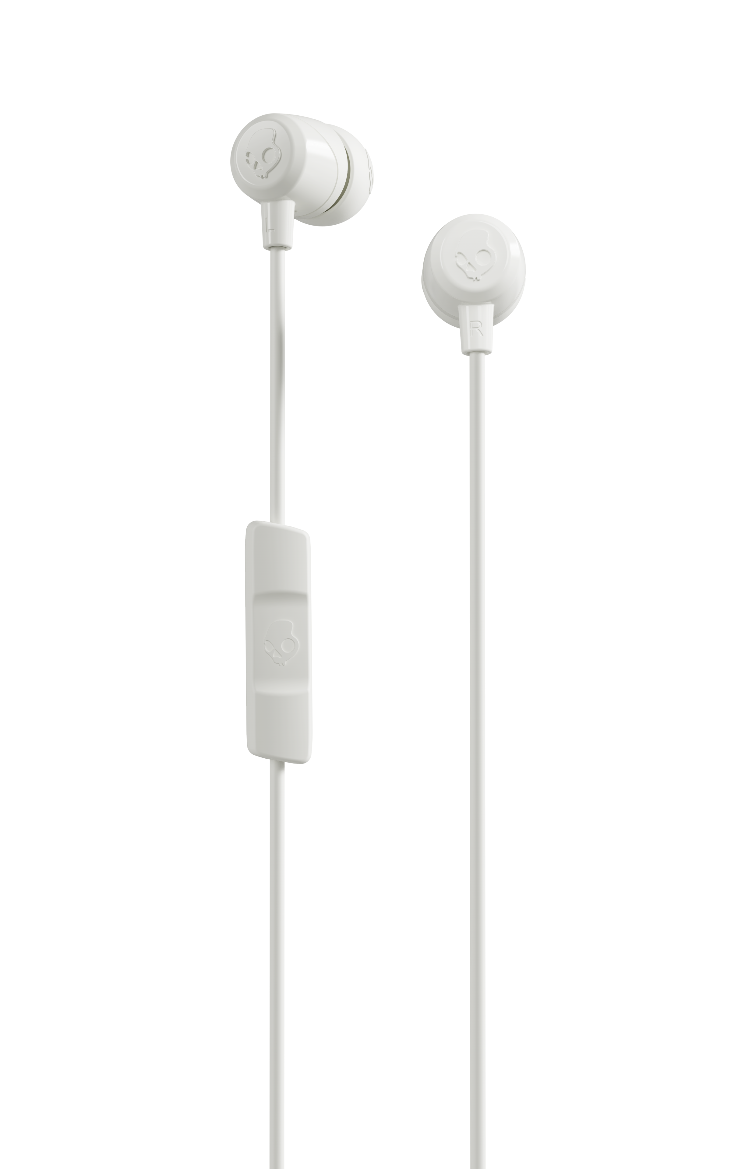 Weiße In-Ear-Kopfhörer mit Skullcandy-Logo und Kabelfernbedienung.