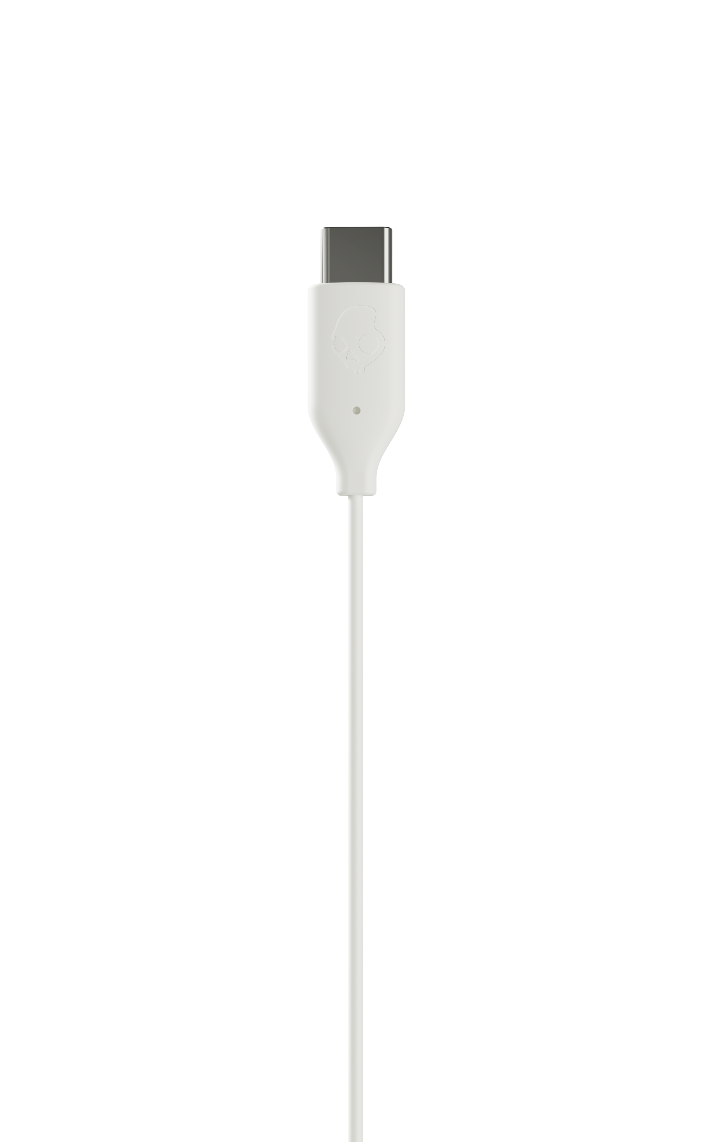 Ein weißes USB-C-Kabel mit einem Skullcandy-Logo, das auf einem schwarzen Hintergrund liegt.