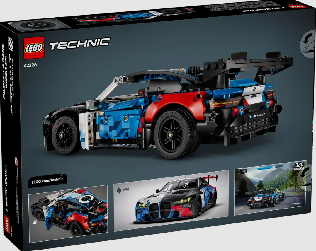 LEGO Technic BMW M4 GT3 Rennwagen-Modellbox mit detaillierten Bildern des Autos.