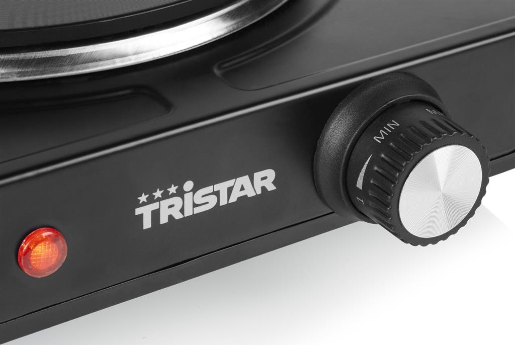 Contrôle de plaque chauffante noir avec voyant rouge et logo Tristar.