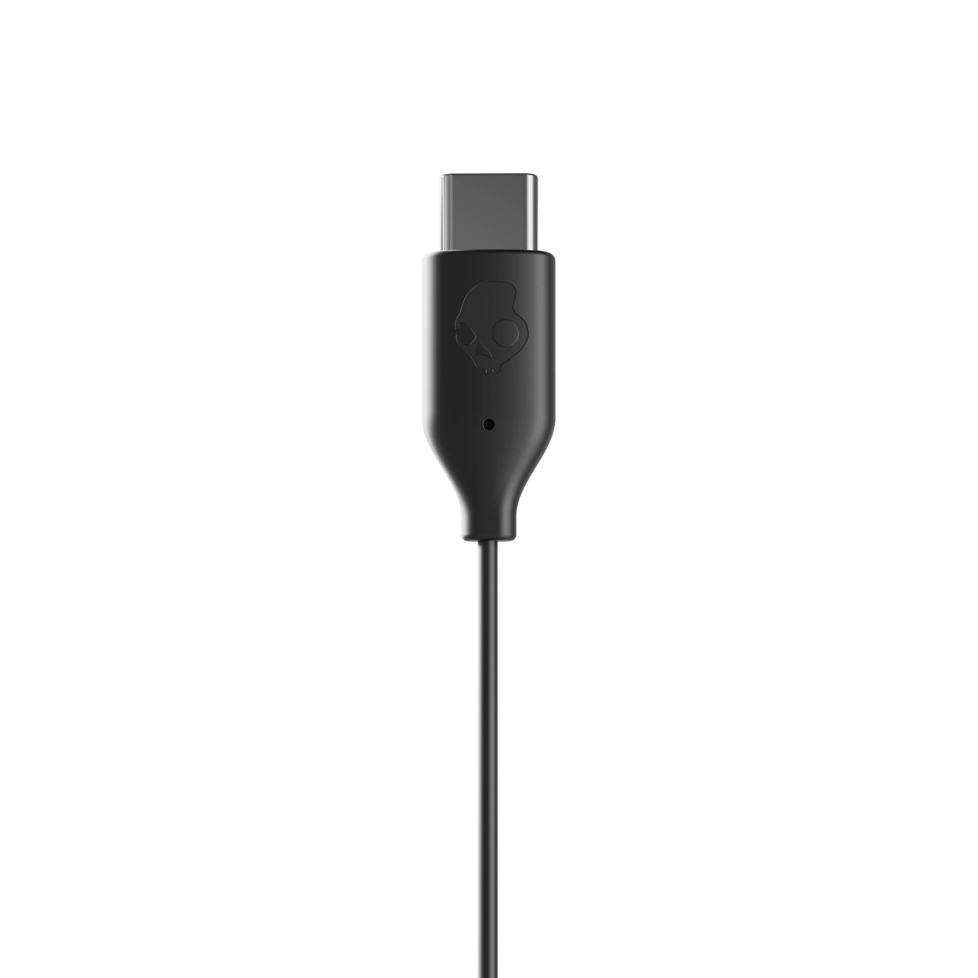 Schwarzes USB-C-Kabel mit Skull-Logo und silbernem Anschluss.