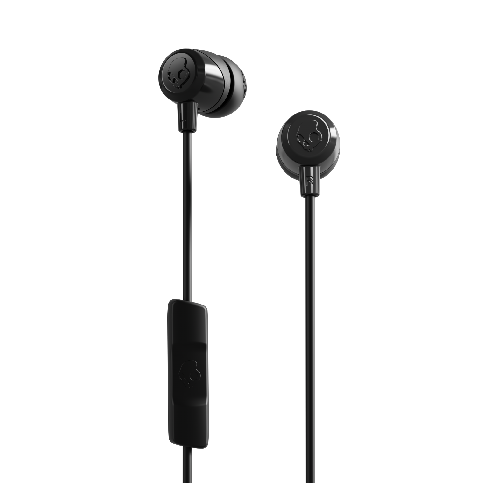 Schwarze Skullcandy-Ohrhörer mit Inline-Mikrofon und Totenkopf-Logo. Schwarzer Hintergrund.