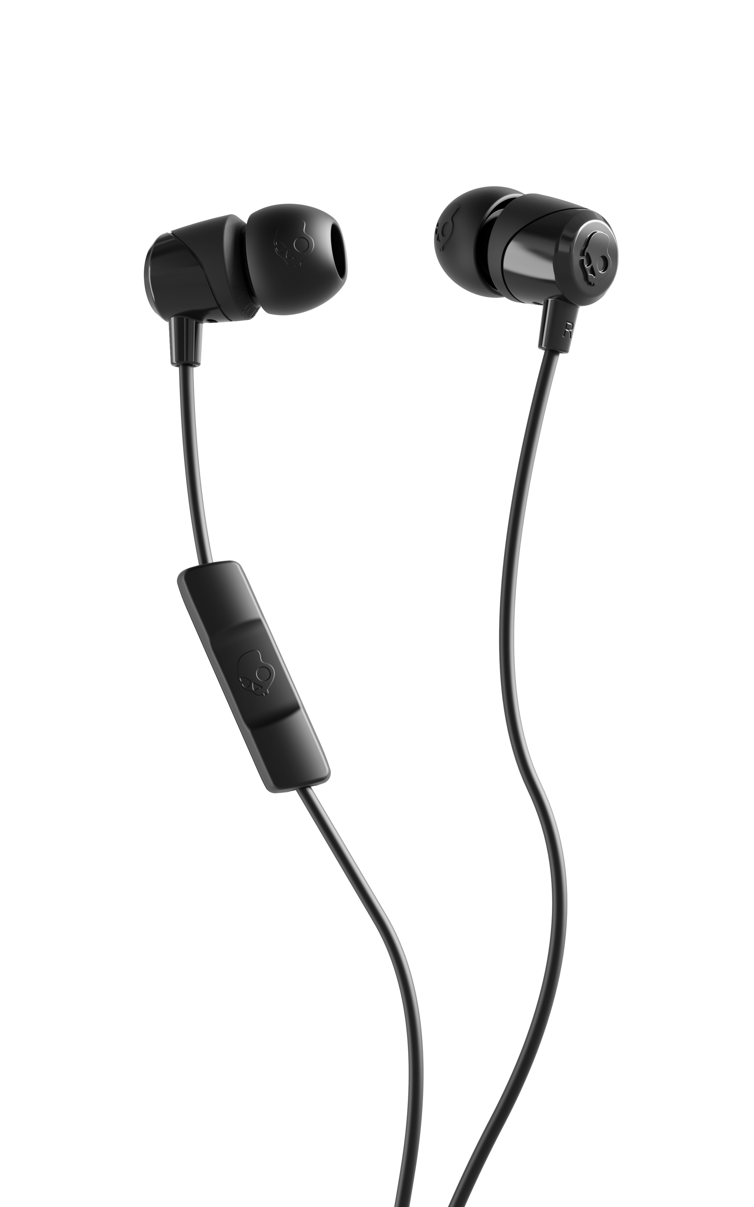 Schwarze In-Ear-Kopfhörer mit Skullcandy-Logo auf schwarzem Hintergrund.