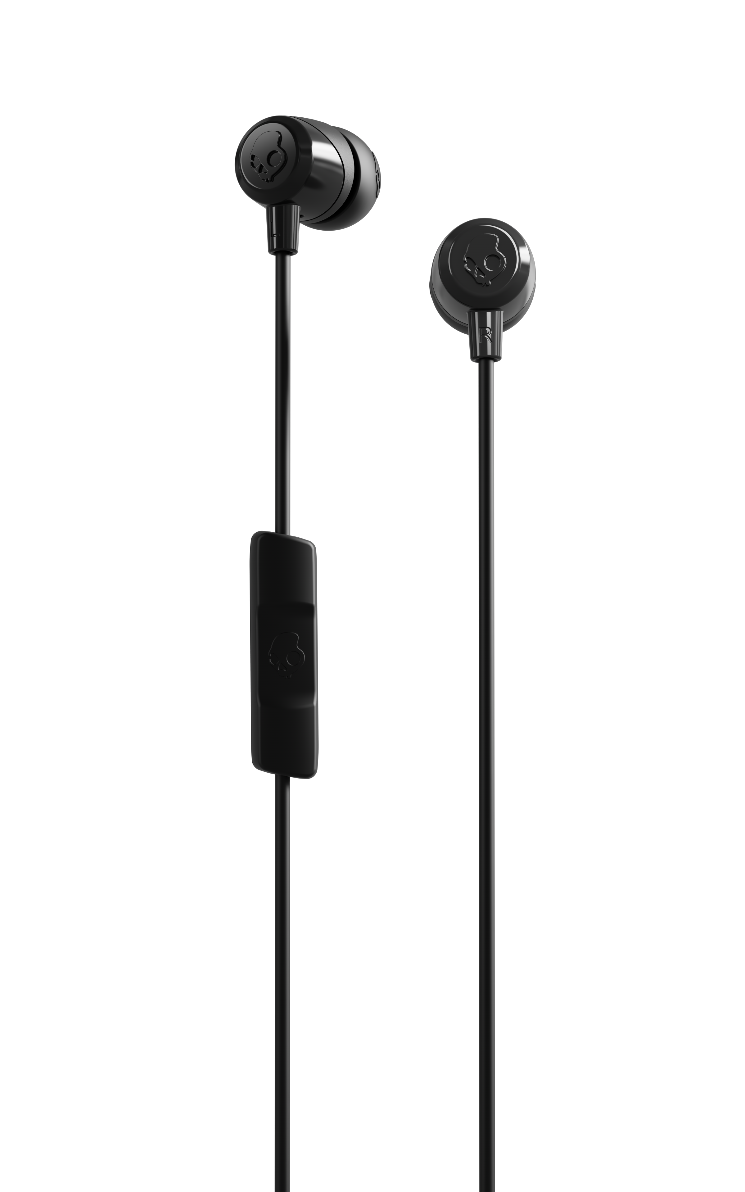 Schwarze Skullcandy-Ohrhörer mit Inline-Mikrofon und Skull-Logo auf schwarzem Hintergrund.