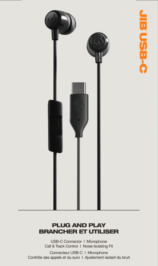 Schwarze Skullcandy JIB USB-C Kopfhörer mit Inline-Mikrofon und USB-C-Anschluss.