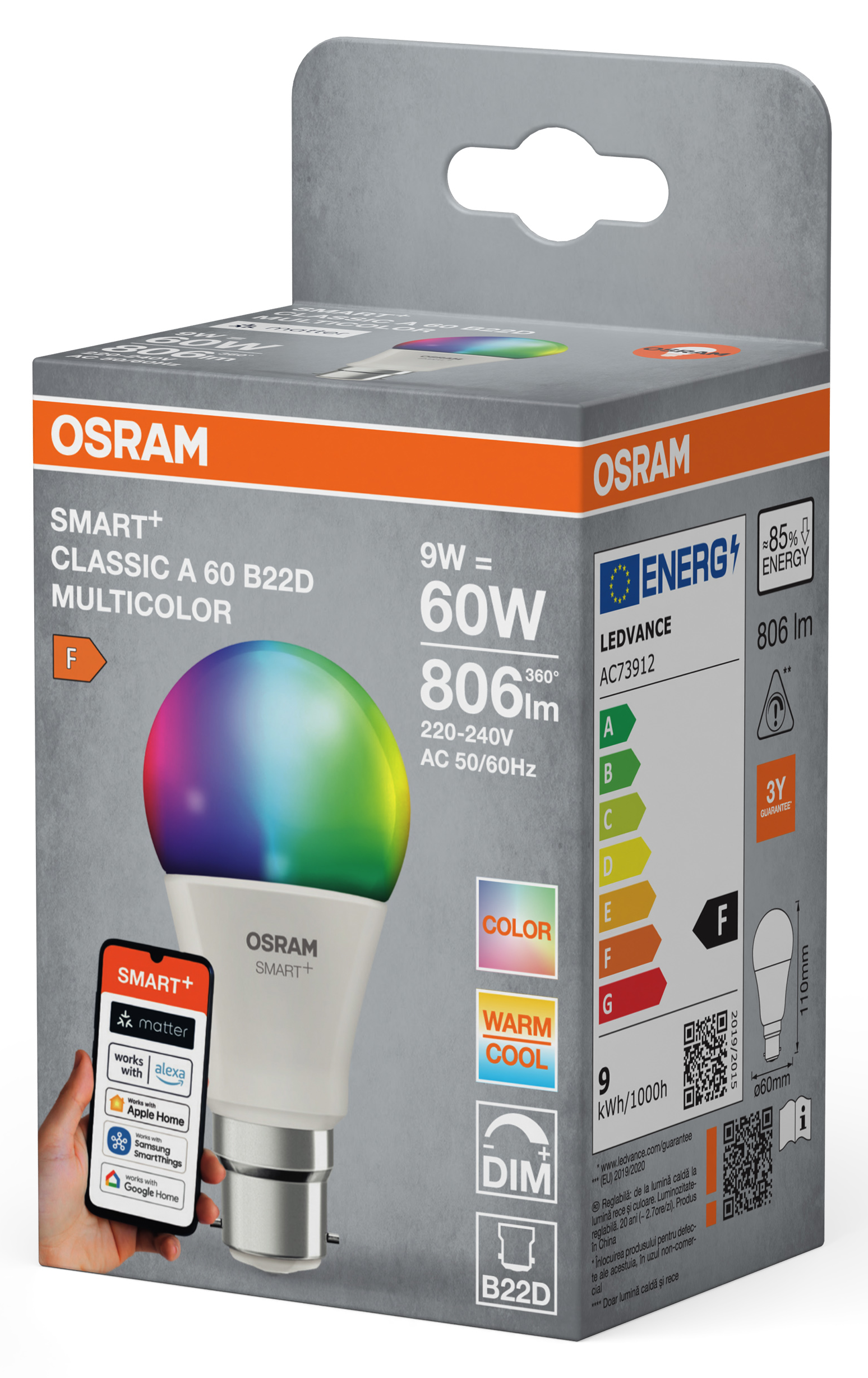 OSRAM SMART+ színes izzó, F energiaosztályú.