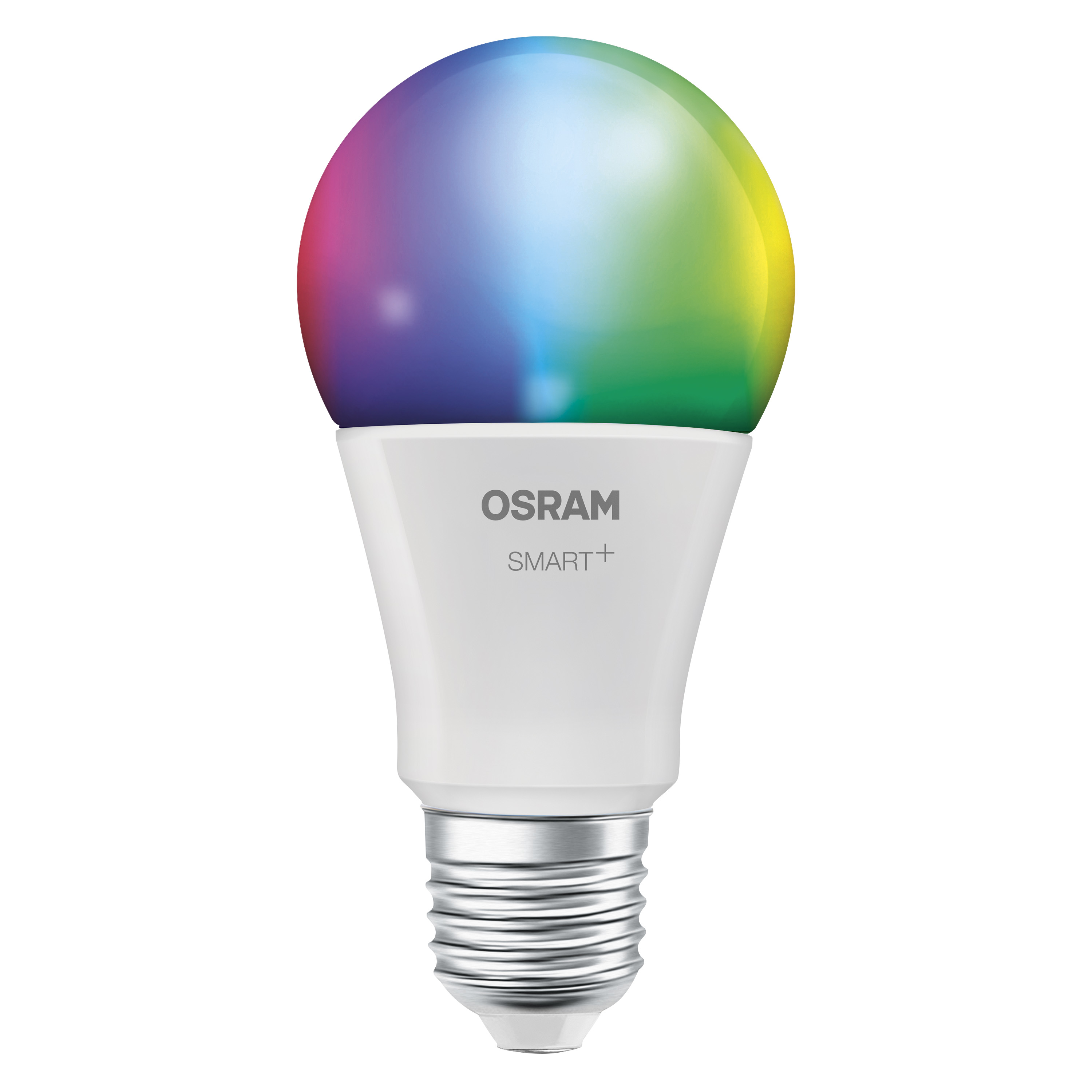 Fehér OSRAM SMART+ LED izzó, színes üvegkupakkal, színátmenetes mintázattal.