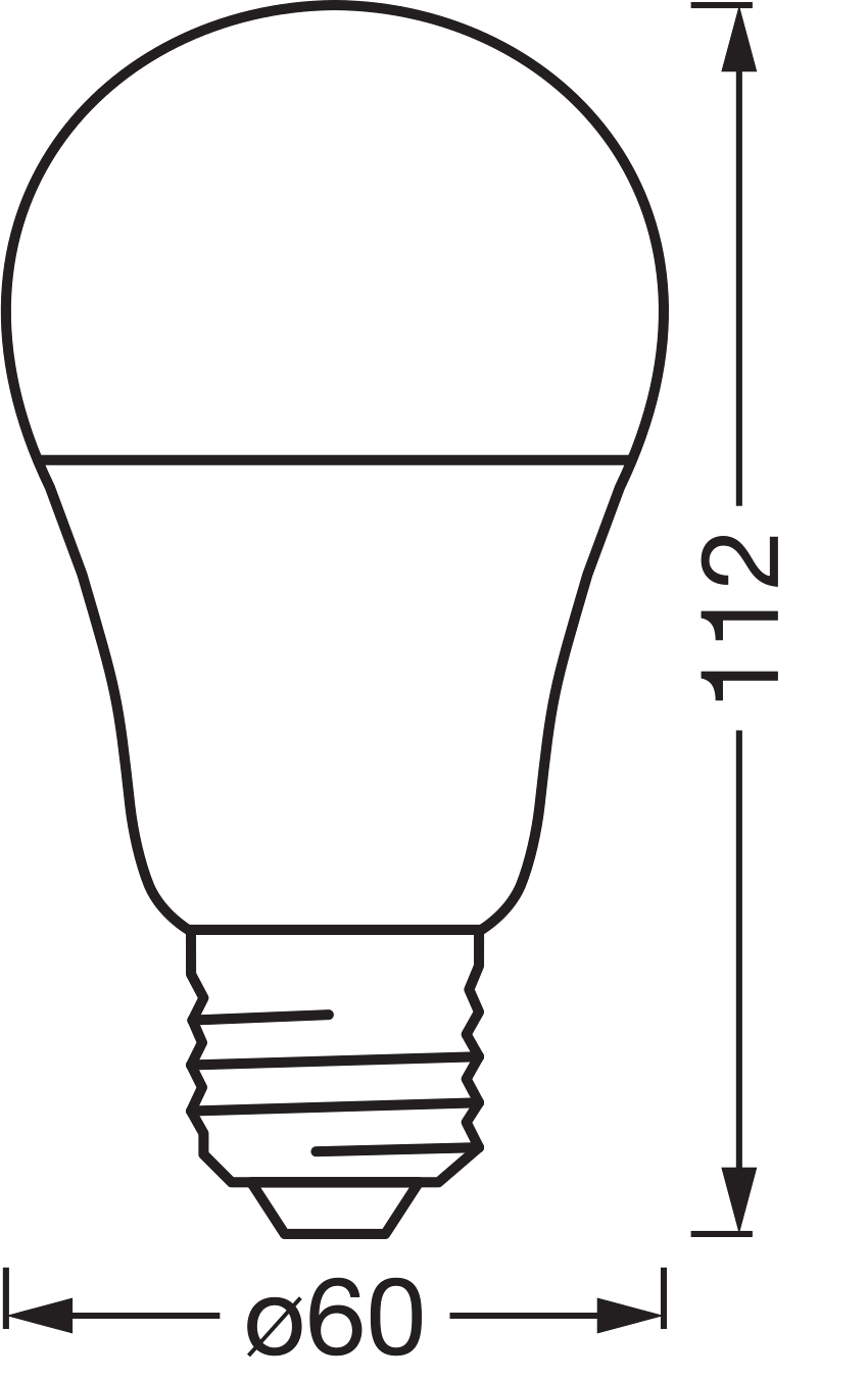 LED-izzó vonalas rajza, 112 mm magas, 60 mm átmérőjű. Fehér háttér.
