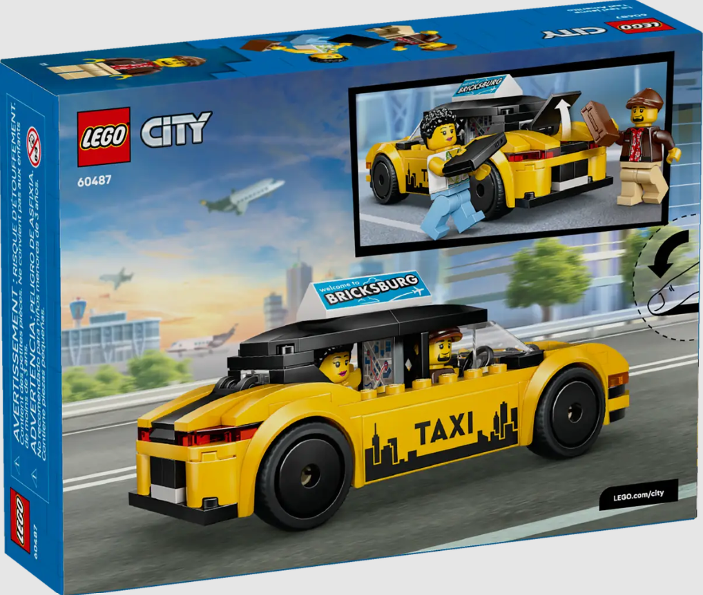 LEGO City Taxi-Set-Karton. Gelbes Taxi mit Figuren, Flughafenhintergrund.