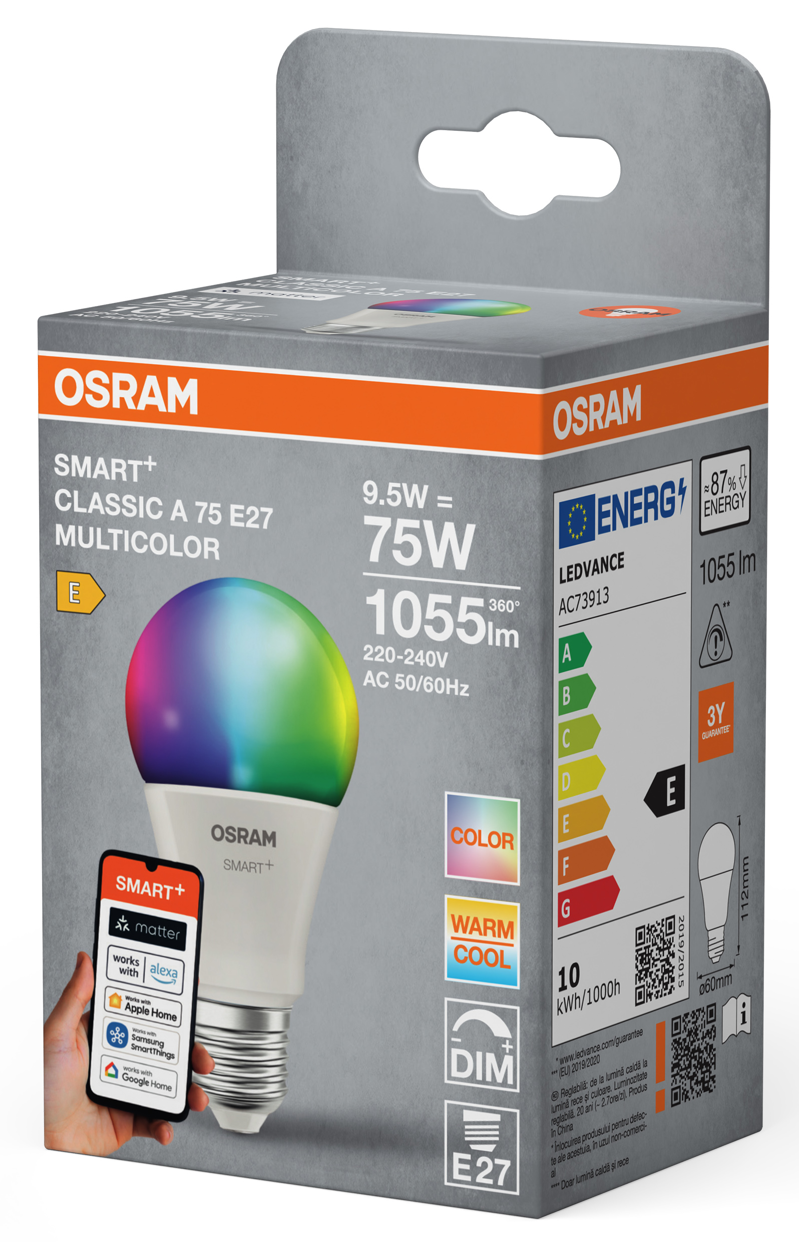 OSRAM SMART+ többszínű izzó, E energiaosztály, 9.5W.