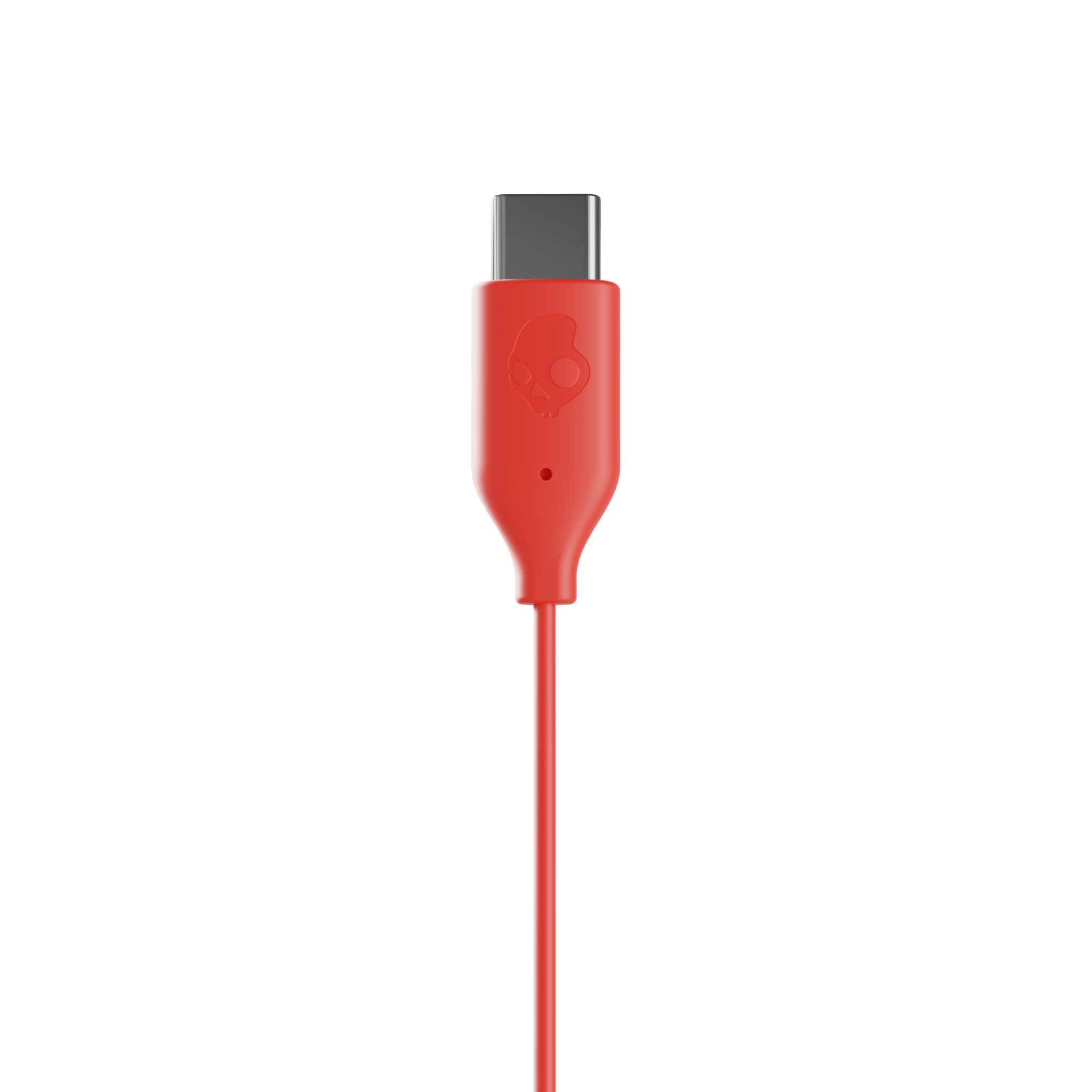 Rotes USB-C-Kabel mit Skullcandy-Logo auf schwarzem Hintergrund.