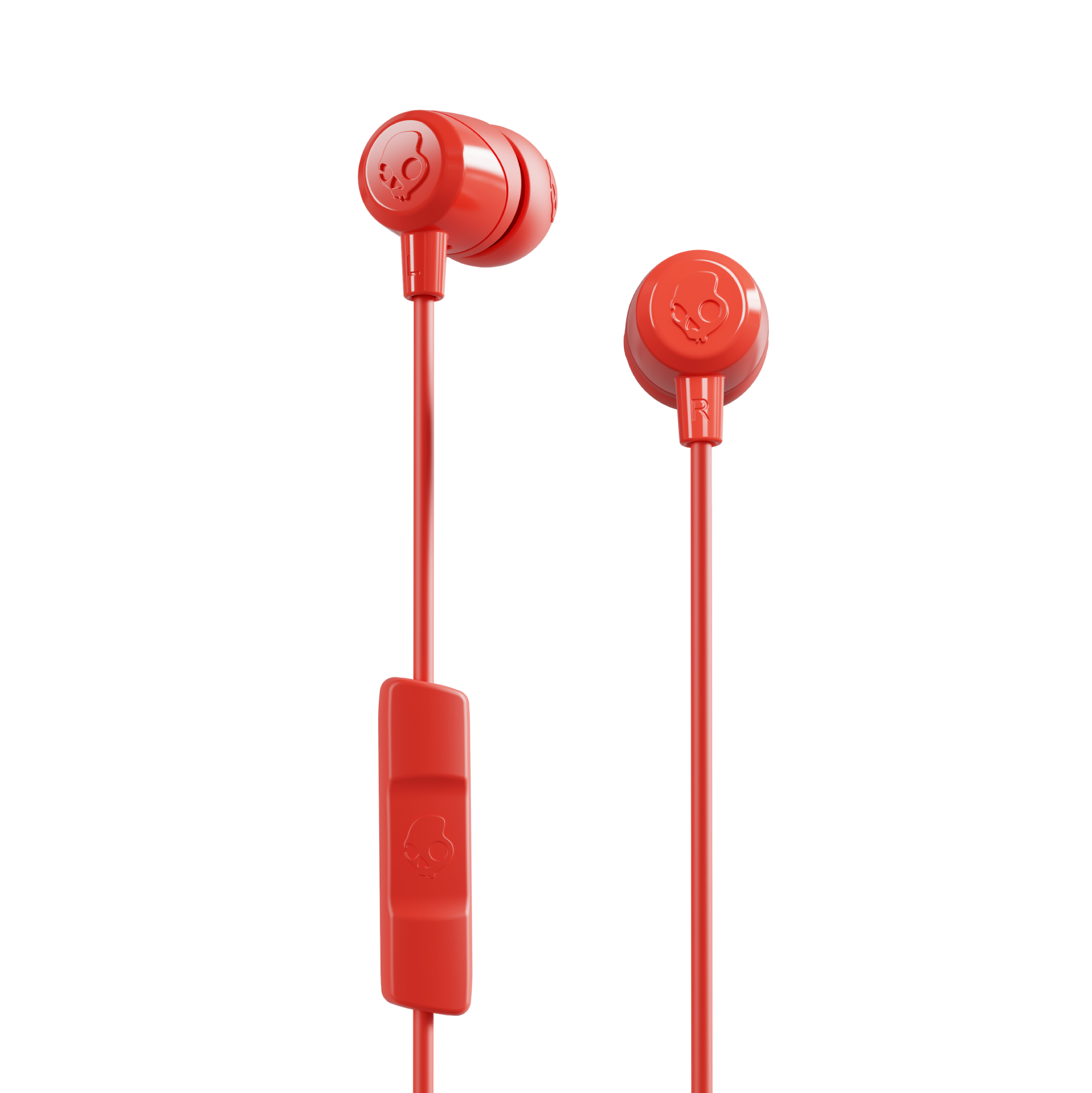 Rote Skullcandy-Kopfhörer mit Schädelsymbol auf rosa Hintergrund.