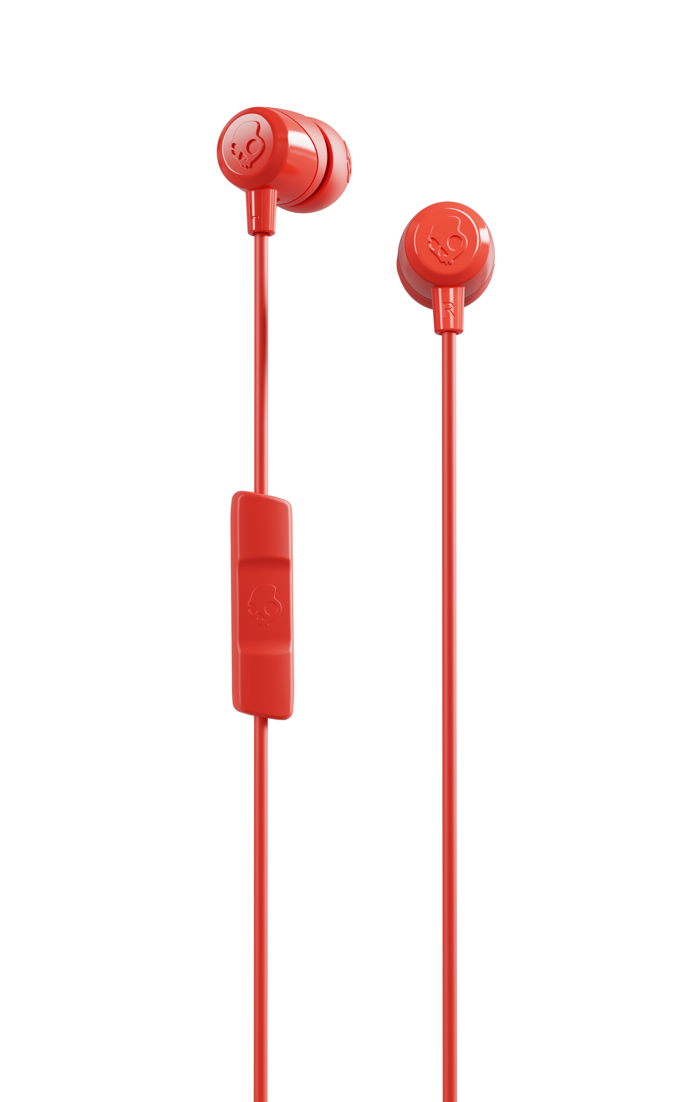 Rote Skullcandy-Ohrhörer mit schwarzem Hintergrund. Ein Ohrhörer links, der andere rechts.