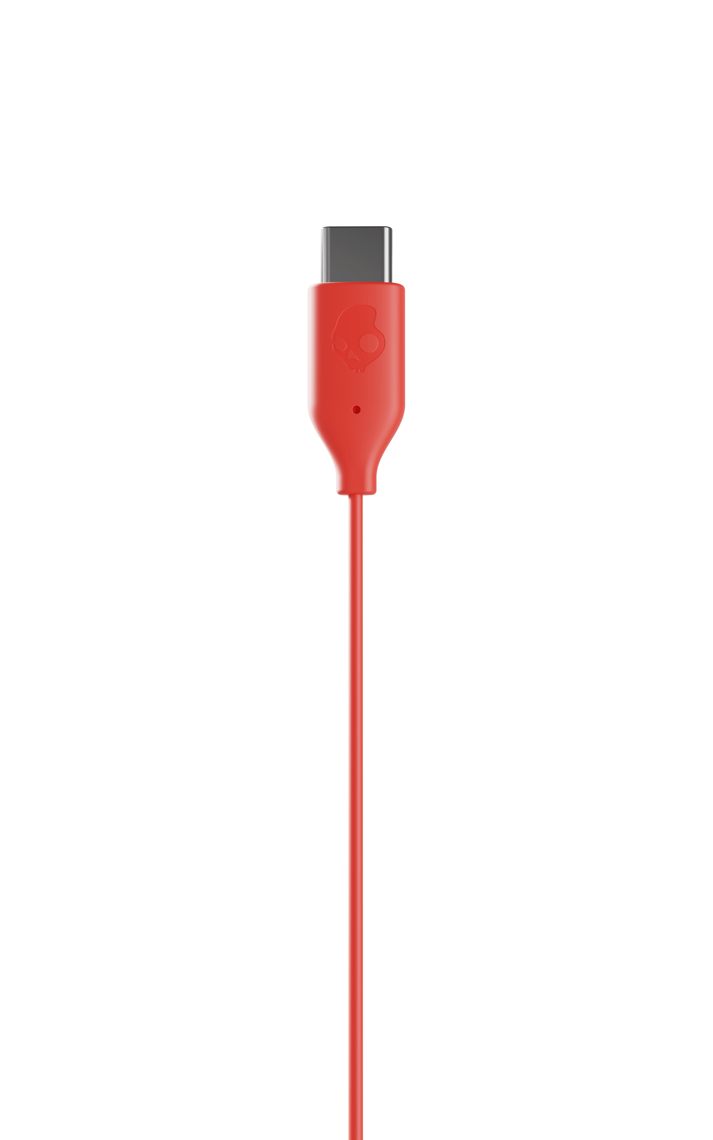 Ein rotes USB-C-Kabel mit Skullcandy-Logo am Stecker.