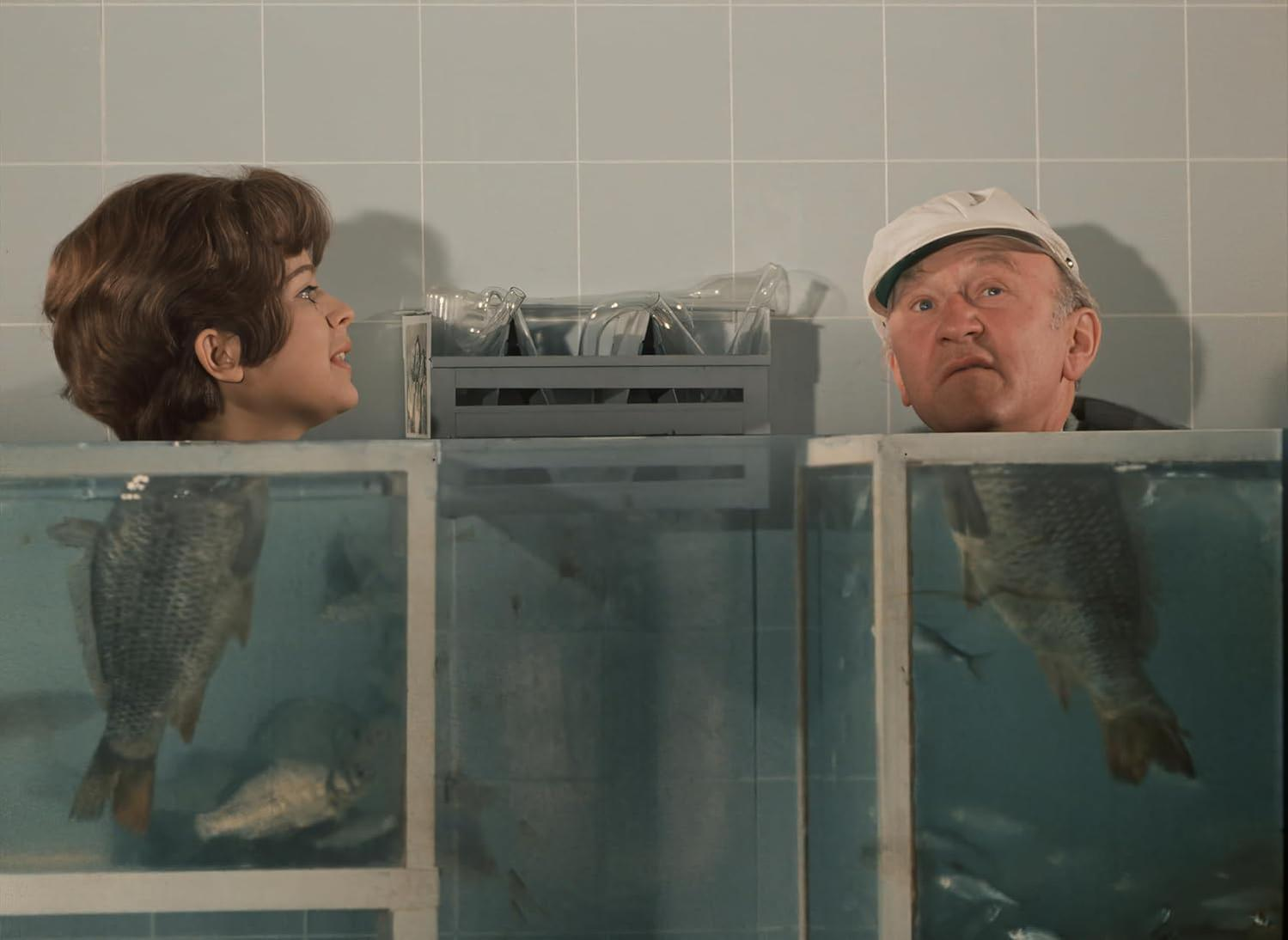 Eine Frau und ein Mann blicken in Fischbecken. Dazwischen steht ein Gestell mit Glaskolben.