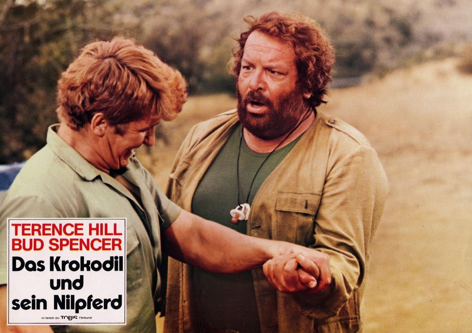 Bud Spencer und Terence Hill auf einem Filmplakat mit dem Titel „Das Krokodil und sein Nilpferd“.