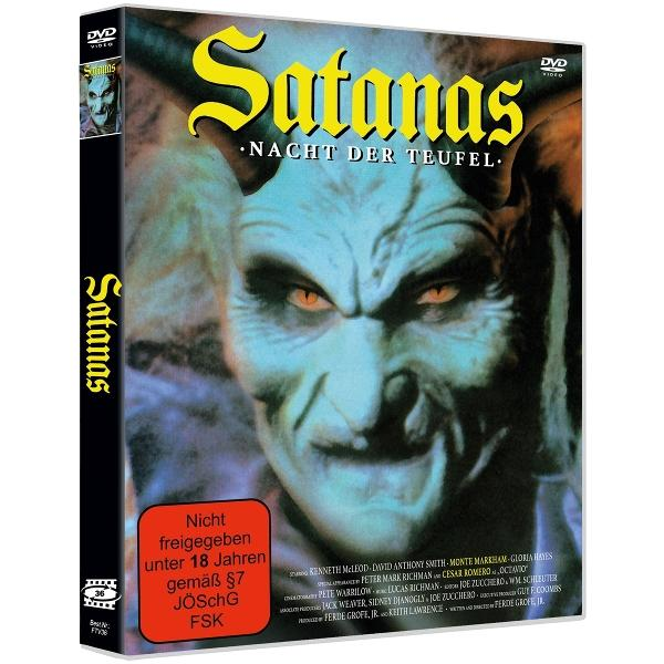 DVD-Cover für Satanas: Nacht der Teufel, mit einem Dämon mit leuchtenden Augen.
