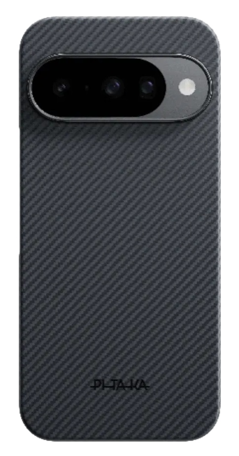 Tył czarnego smartfona z wzorem karbonu i trzema aparatami.