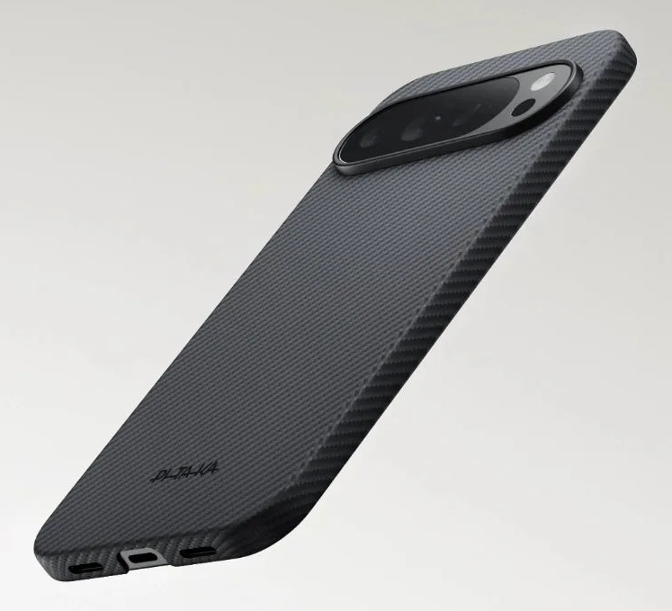 Szara obudowa telefonu z wzorem karbonu, aparatem i portami.