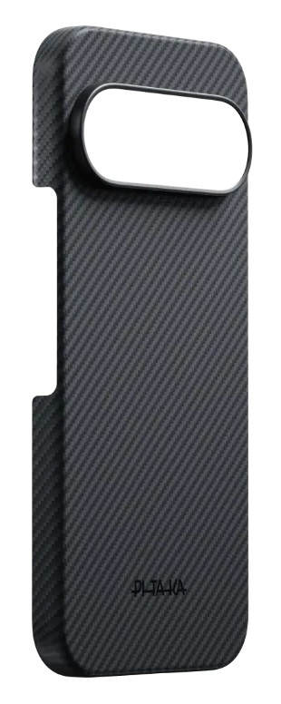 Czarna obudowa na telefon z wzorem włókna węglowego i owalnym wycięciem.