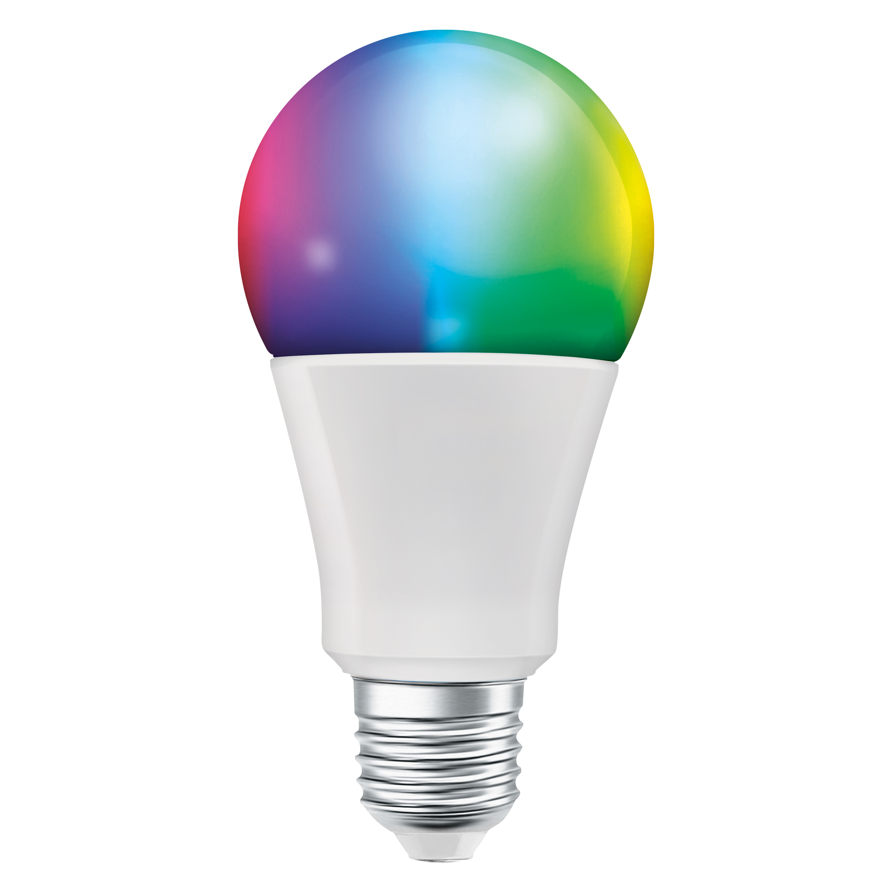 Egy fehér LED-izzó, színes üveg búrával, lila, kék, zöld és sárga fénnyel világít.