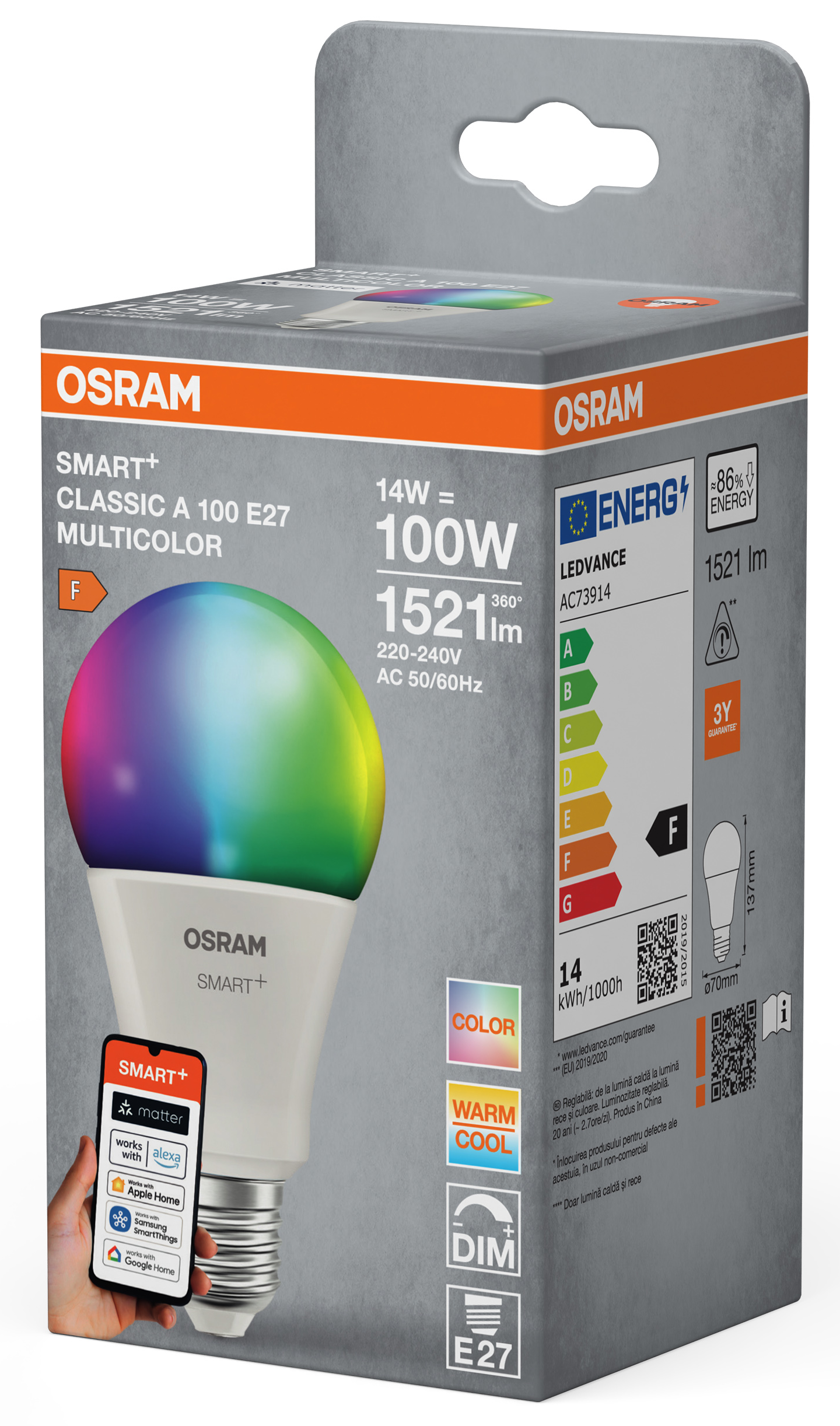OSRAM Smart+ multicolor LED izzó csomagolása. Az izzó élénk RGB színeket mutat. F energiaosztály látható.