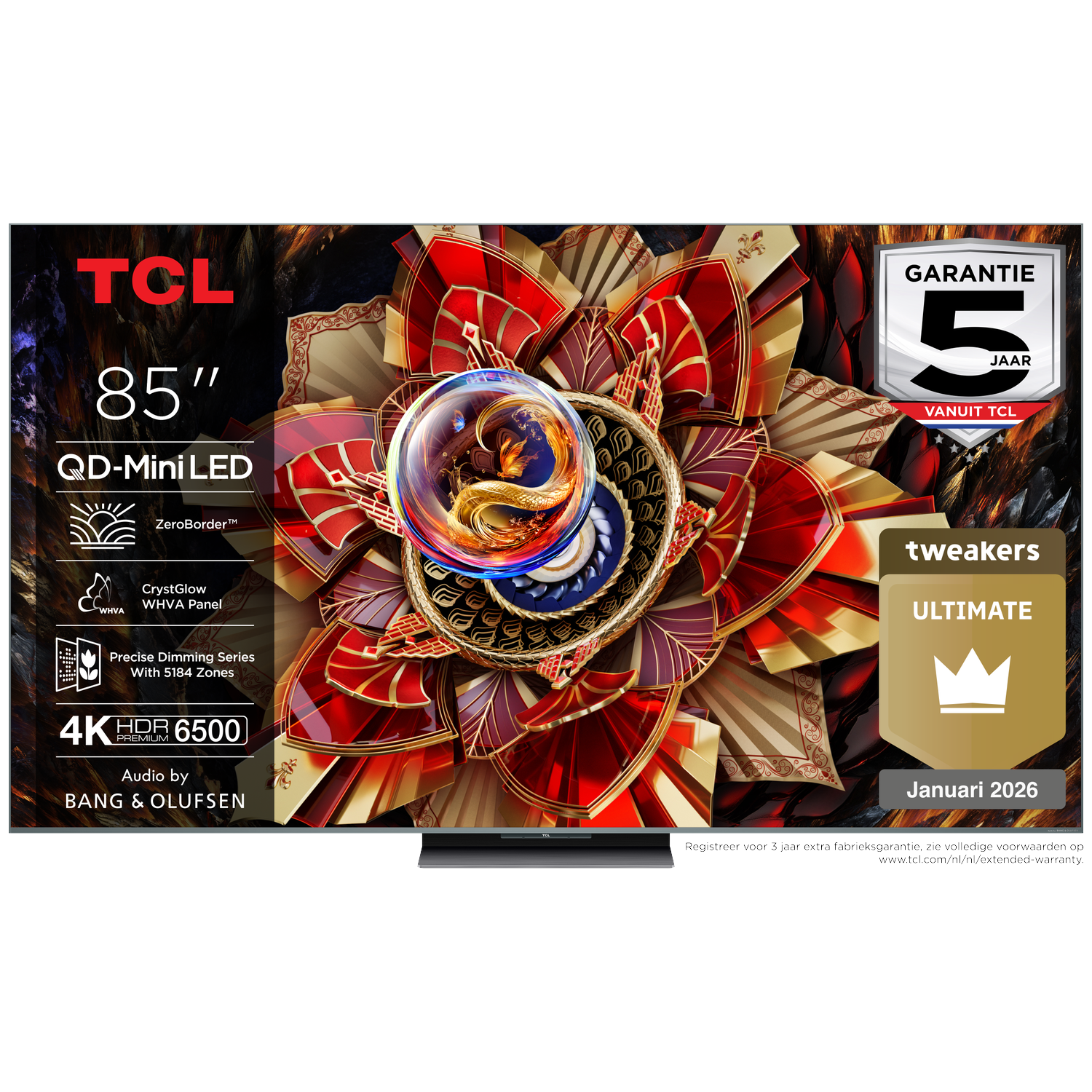 TCL 85" QD-Mini LED TV with 5184 zones, HDR 6500, and Bang & Olufsen audio.