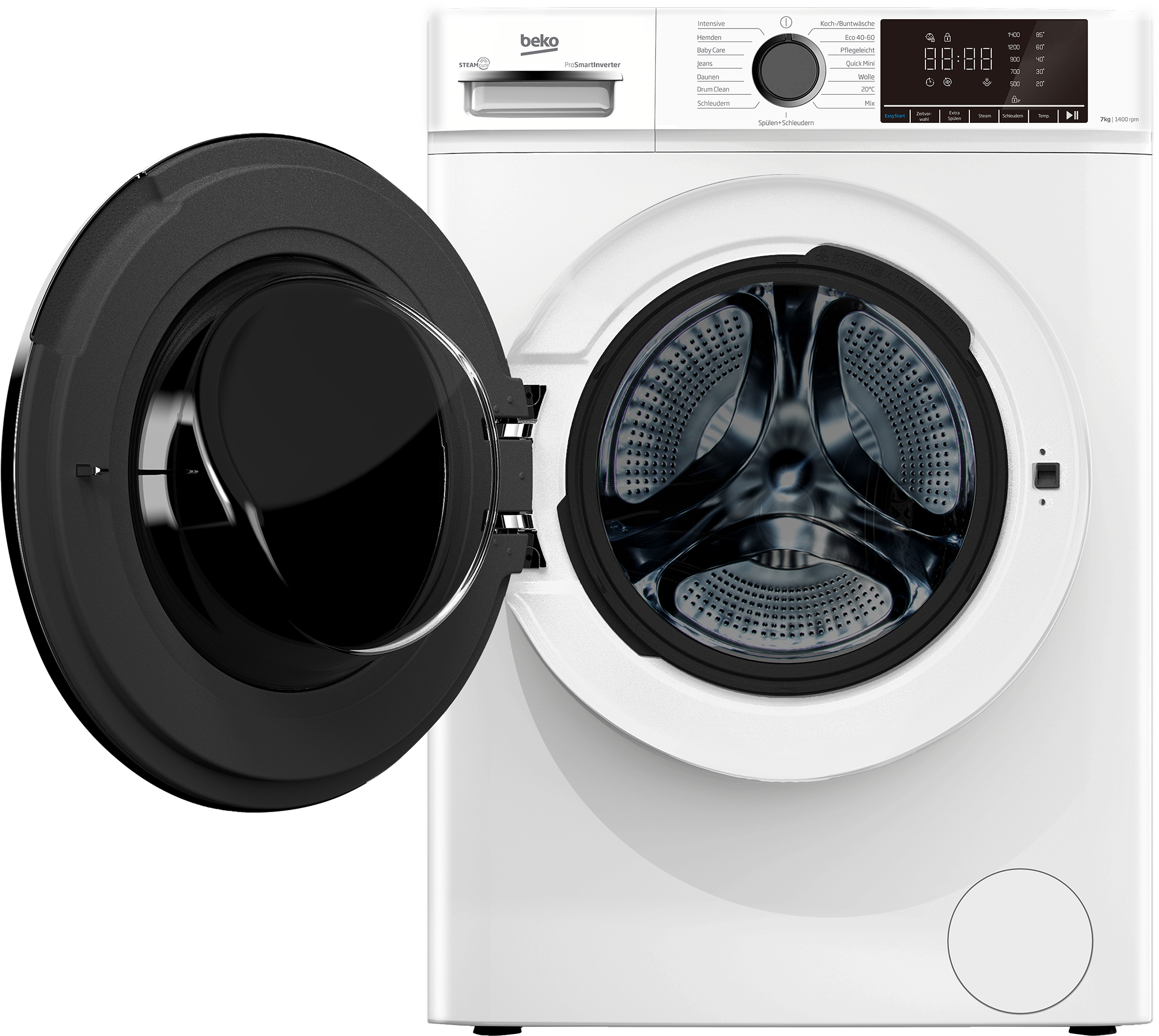 Eine weiße Beko-Waschmaschine mit offener Tür, die die Trommel zeigt. Bedienfeld sichtbar.