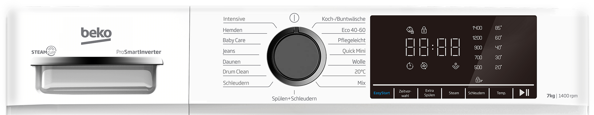 Bedienfeld einer Waschmaschine mit Digitalanzeige und Programmauswahlknopf. Mit Beko-Logo.