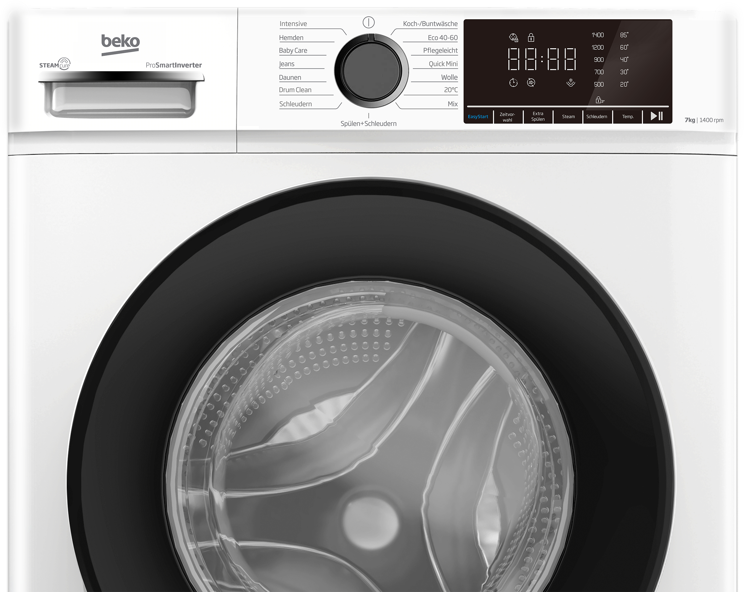 Eine weiße Beko Waschmaschine mit Bedienfeld, Display und Trommel.