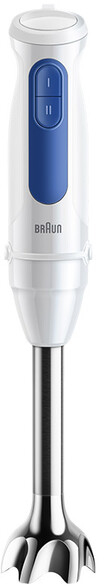 A white hand blender with blue buttons and a stainless steel shaft.
